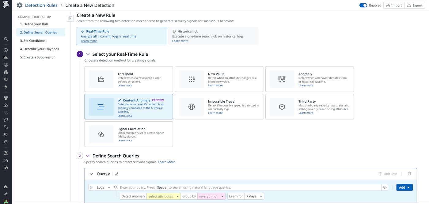 Creating a detection rule with the Content Anomaly Detection method. Creating a detection rule with the Content Anomaly Detection method.
