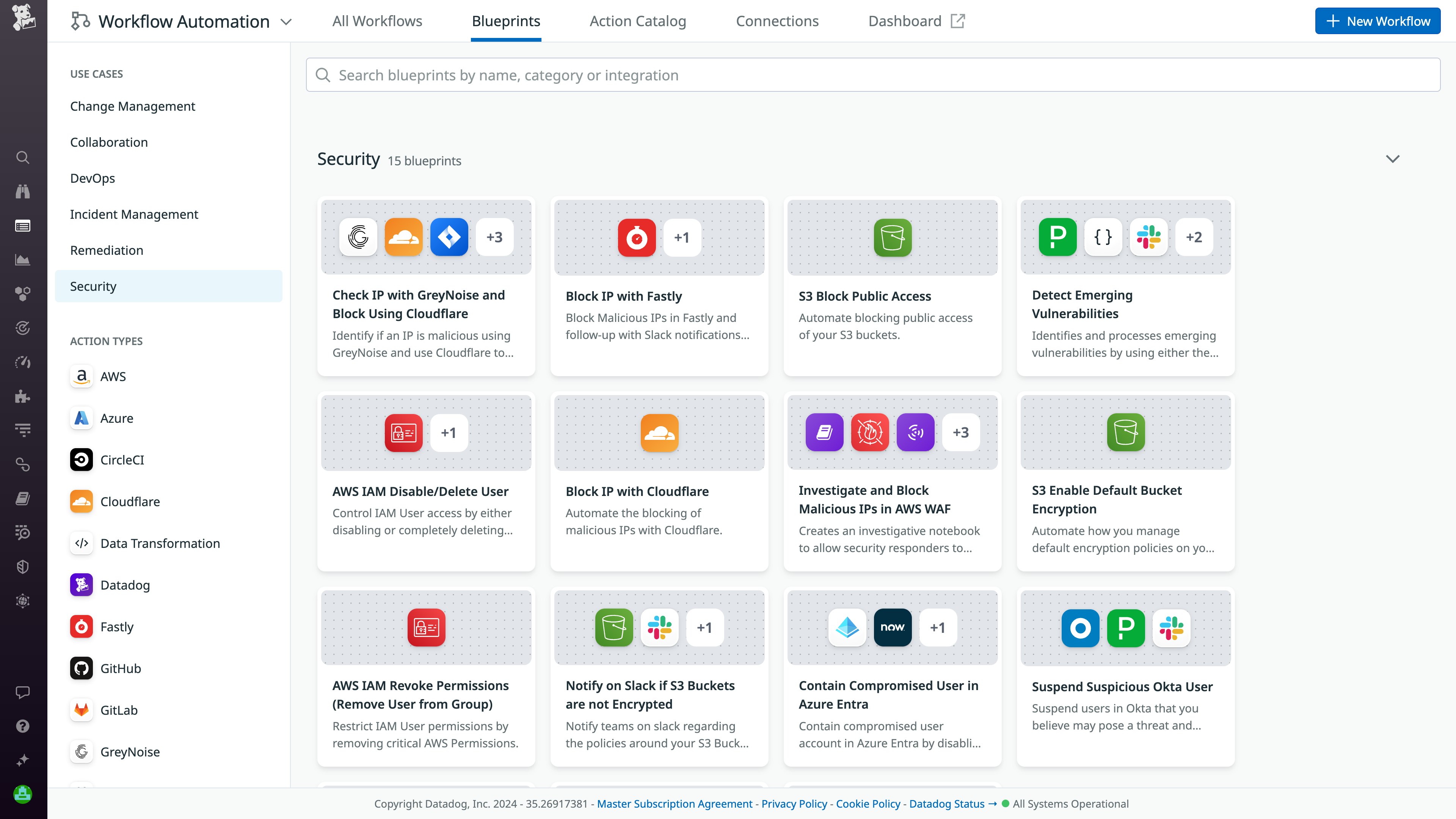 Workflow Blueprints view in Datadog Workflow Automation Workflow Blueprints view in Datadog Workflow Automation