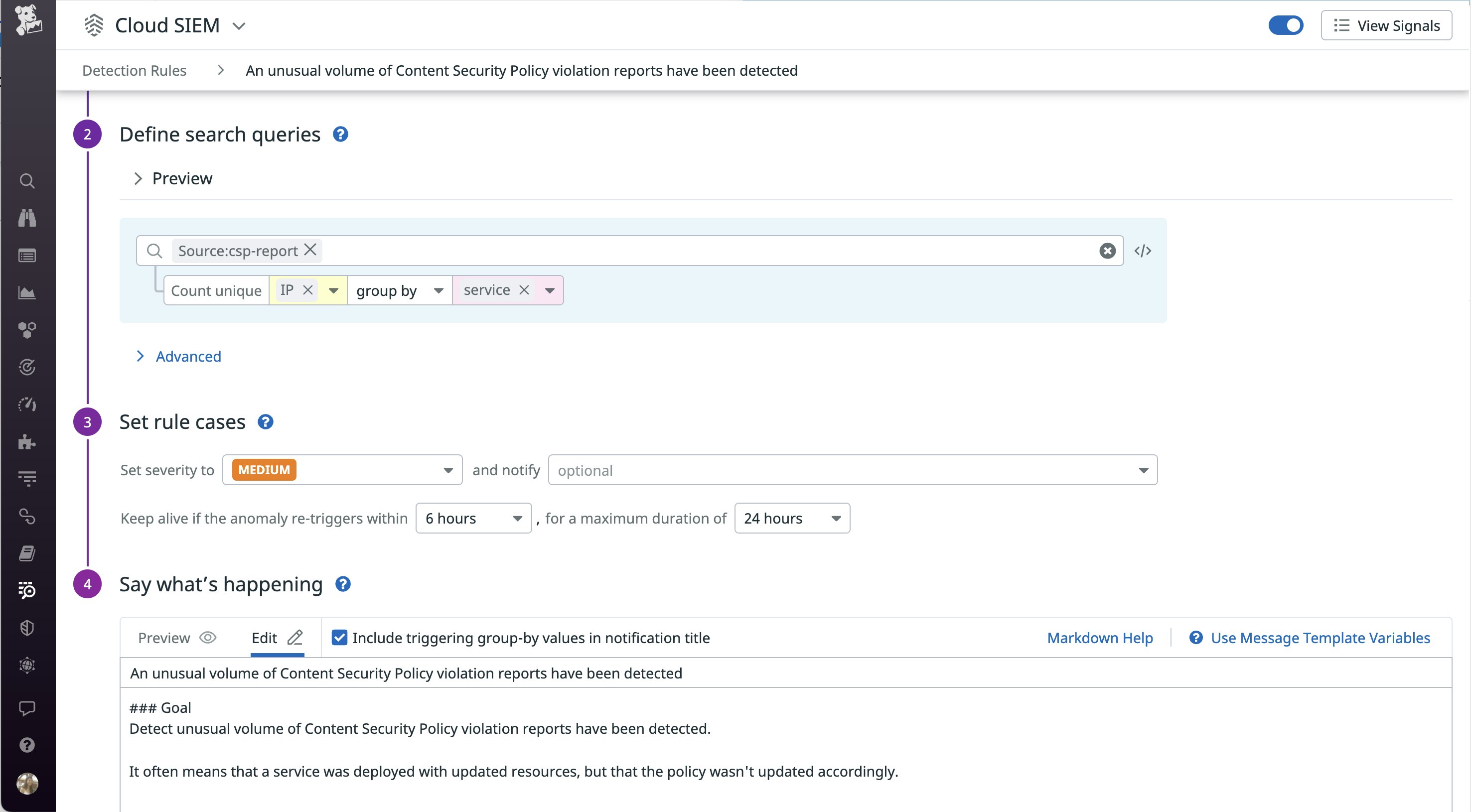 Datadog Cloud SIEM enables you to configure a detection rule to help you get notified about a surge in CSP violations. Datadog Cloud SIEM enables you to configure a detection rule to help you get notified about a surge in CSP violations.