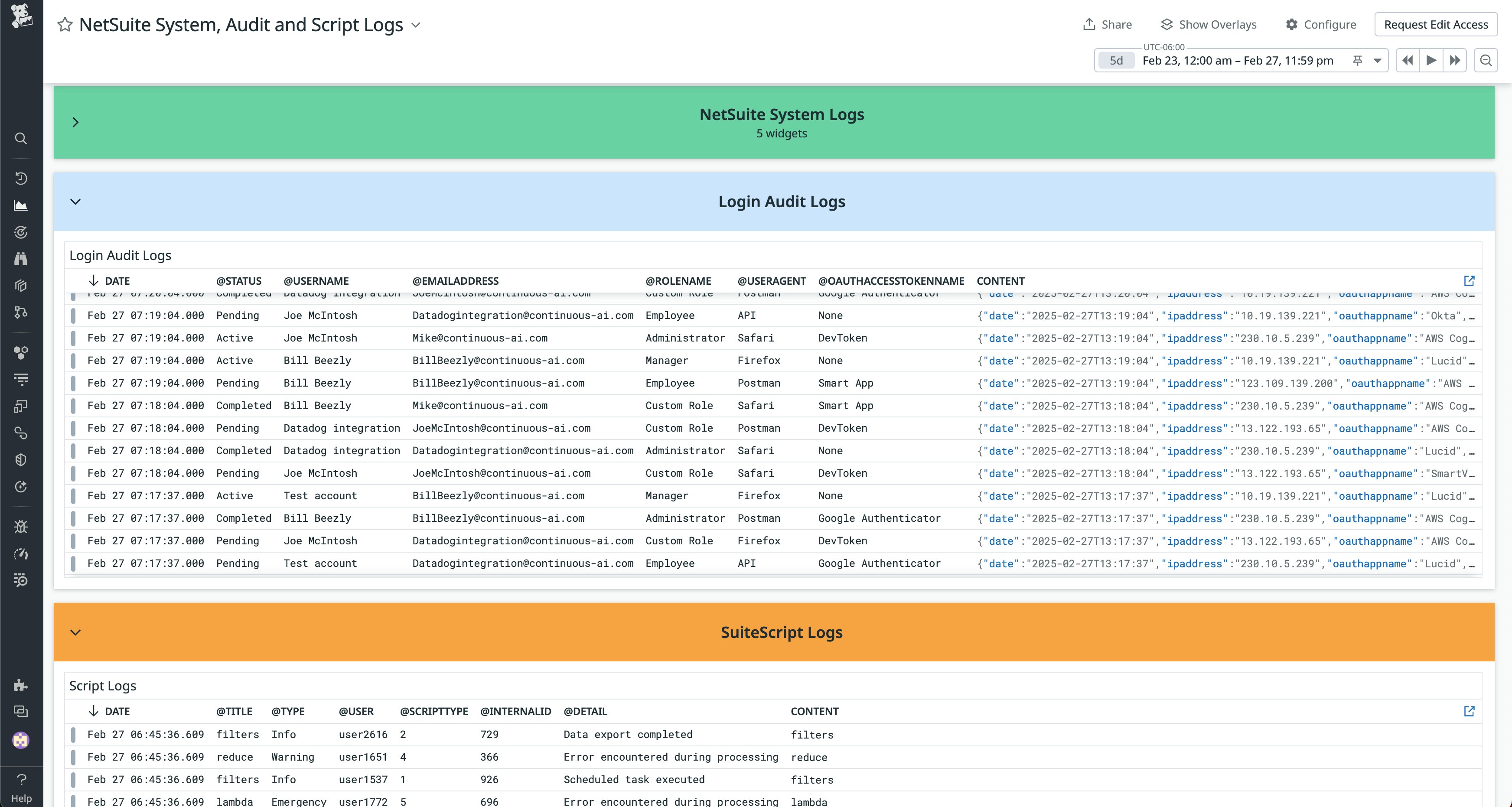 View of the out-of-the-box NetSuite System, Audit, and Script Logs dashboard View of the out-of-the-box NetSuite System, Audit, and Script Logs dashboard
