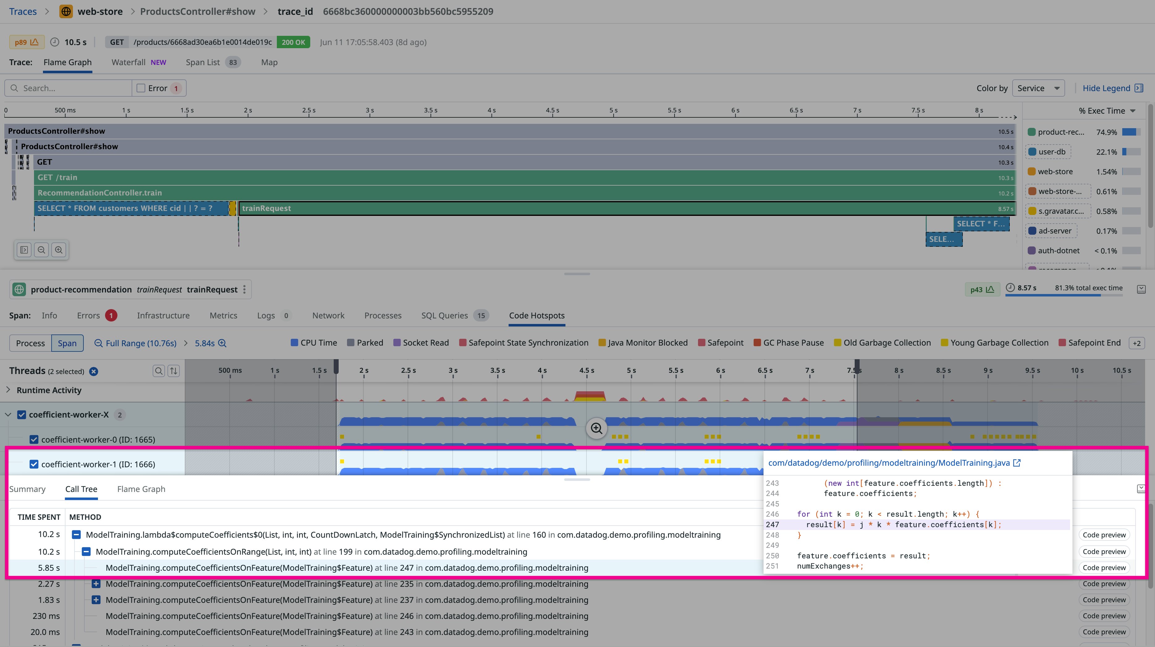 A call tree with a method selected and an associated code preview displayed A call tree with a method selected and an associated code preview displayed