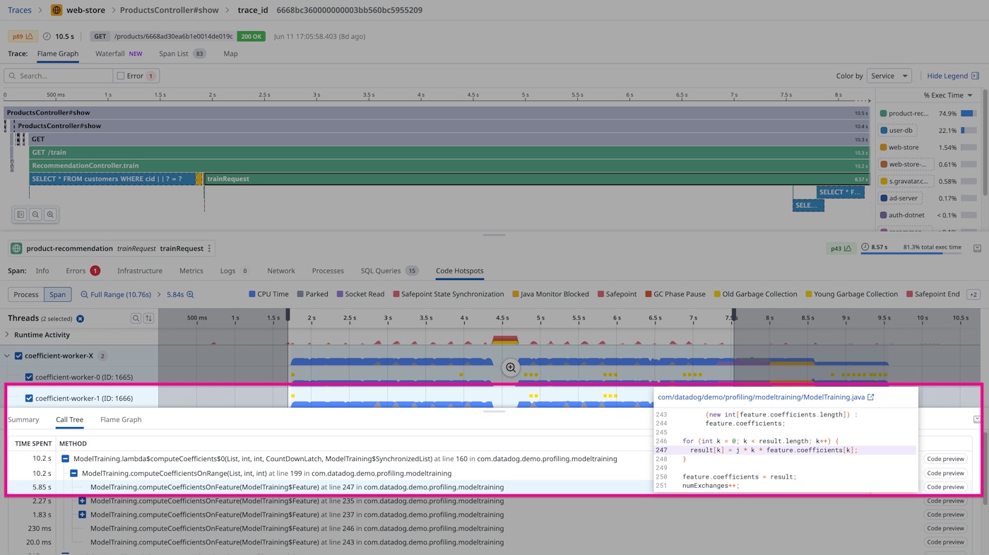 A call tree with a method selected and an associated code preview displayed A call tree with a method selected and an associated code preview displayed