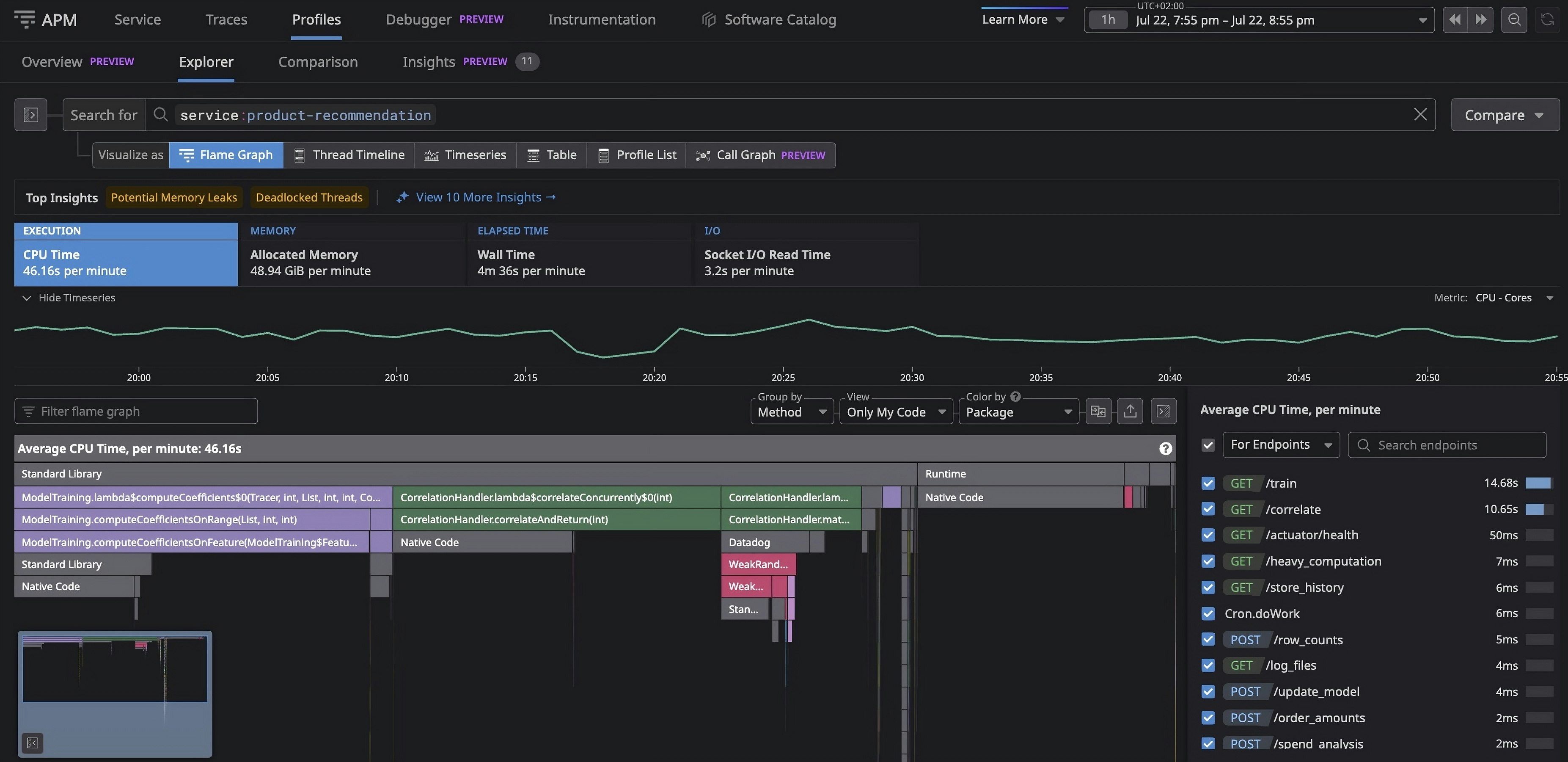 Profiling data for the product-recommendation service, showing average CPU time aggregated by endpoint. Profiling data for the product-recommendation service, showing average CPU time aggregated by endpoint.