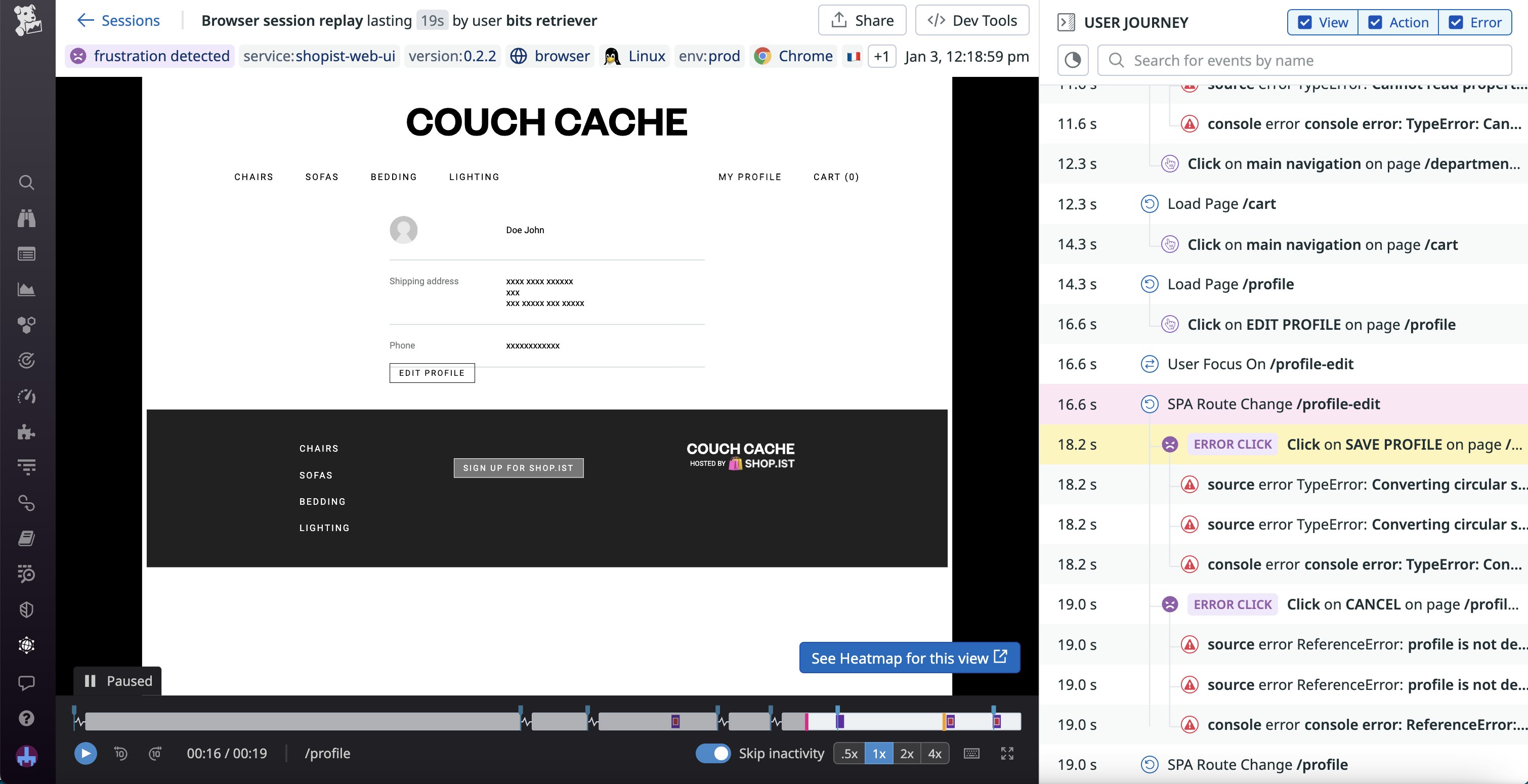 A replay for a user session that contained multiple errors and frustration signals. A replay for a user session that contained multiple errors and frustration signals.