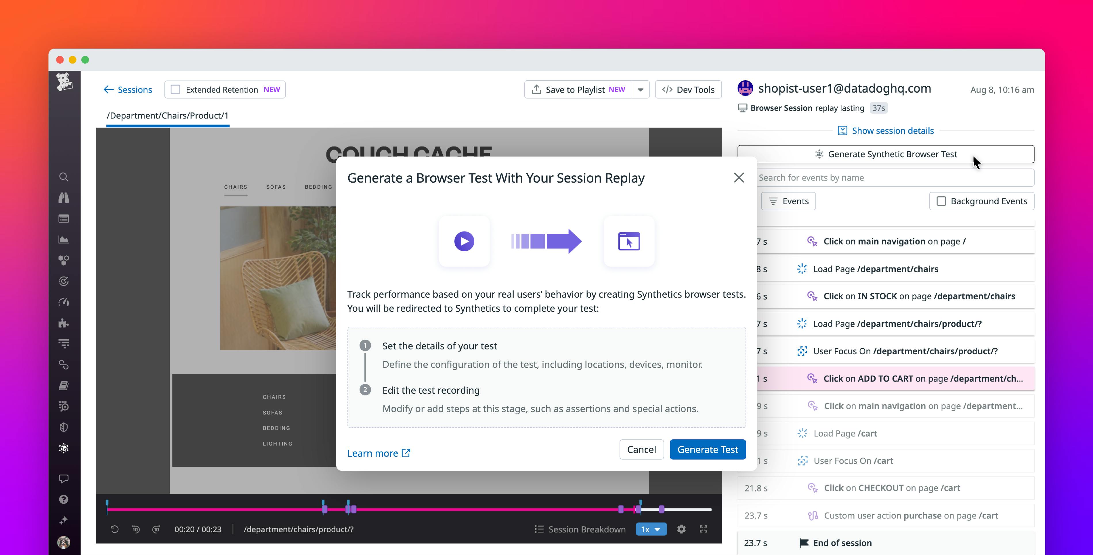 Create Browser Tests Directly From Datadog RUM Session Replay | Datadog