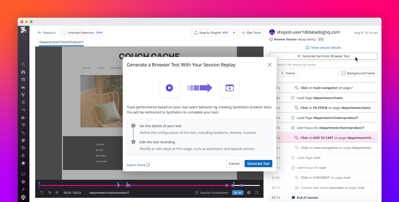 Create browser tests directly from Datadog RUM Session Replay Create browser tests directly from Datadog RUM Session Replay