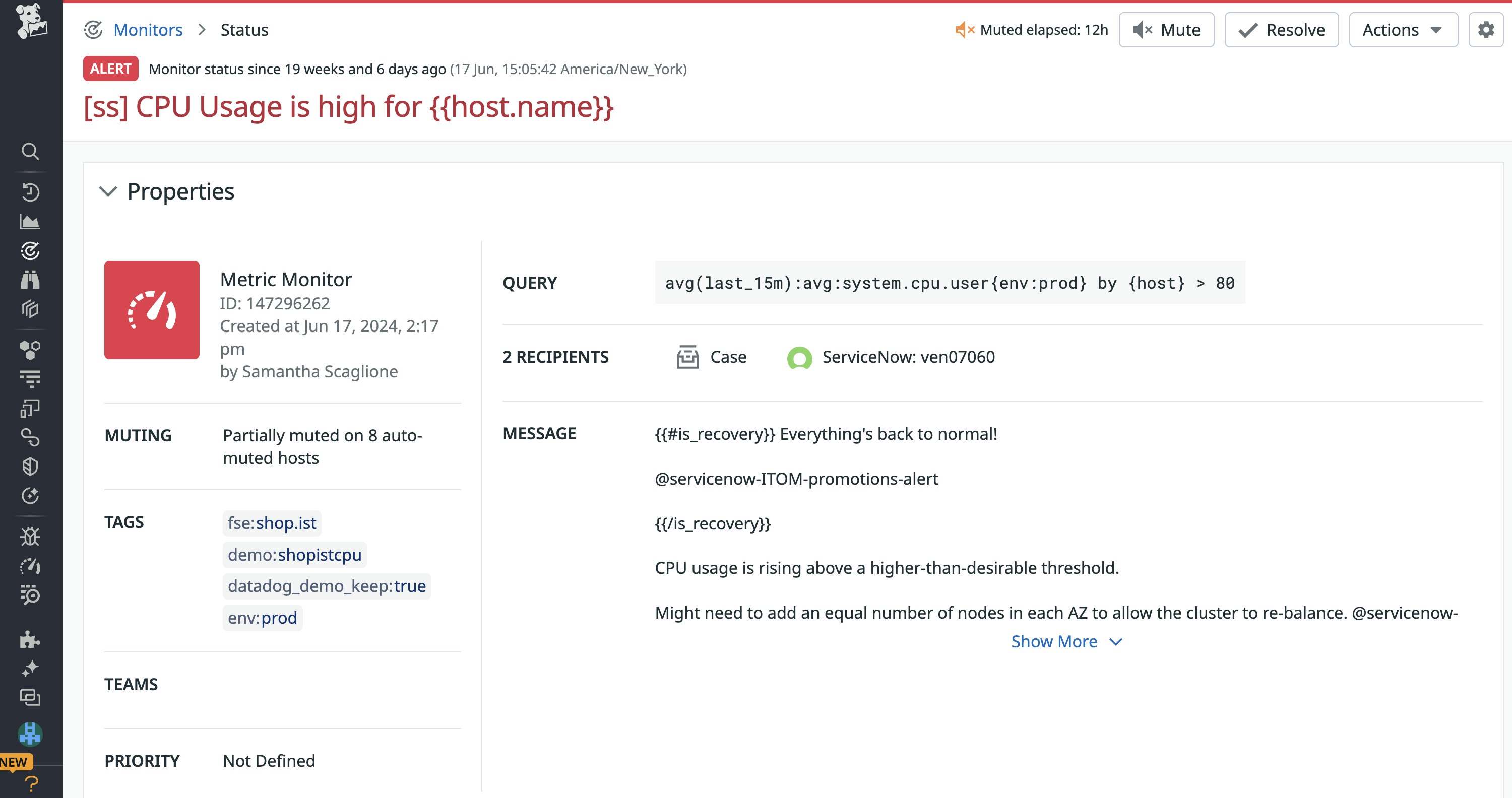 An alert for high CPU usage. When the alert is triggered, it can automatically create ServiceNow tickets. An alert for high CPU usage. When the alert is triggered, it can automatically create ServiceNow tickets.