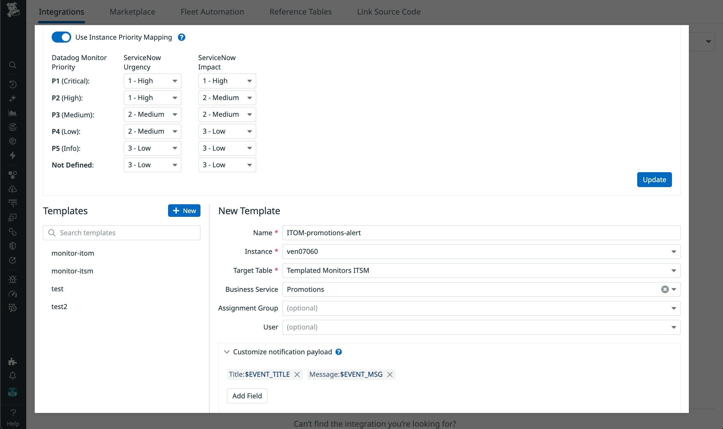 Screen where you can create a template, map ServiceNow fields, and set priority mappings. Screen where you can create a template, map ServiceNow fields, and set priority mappings.
