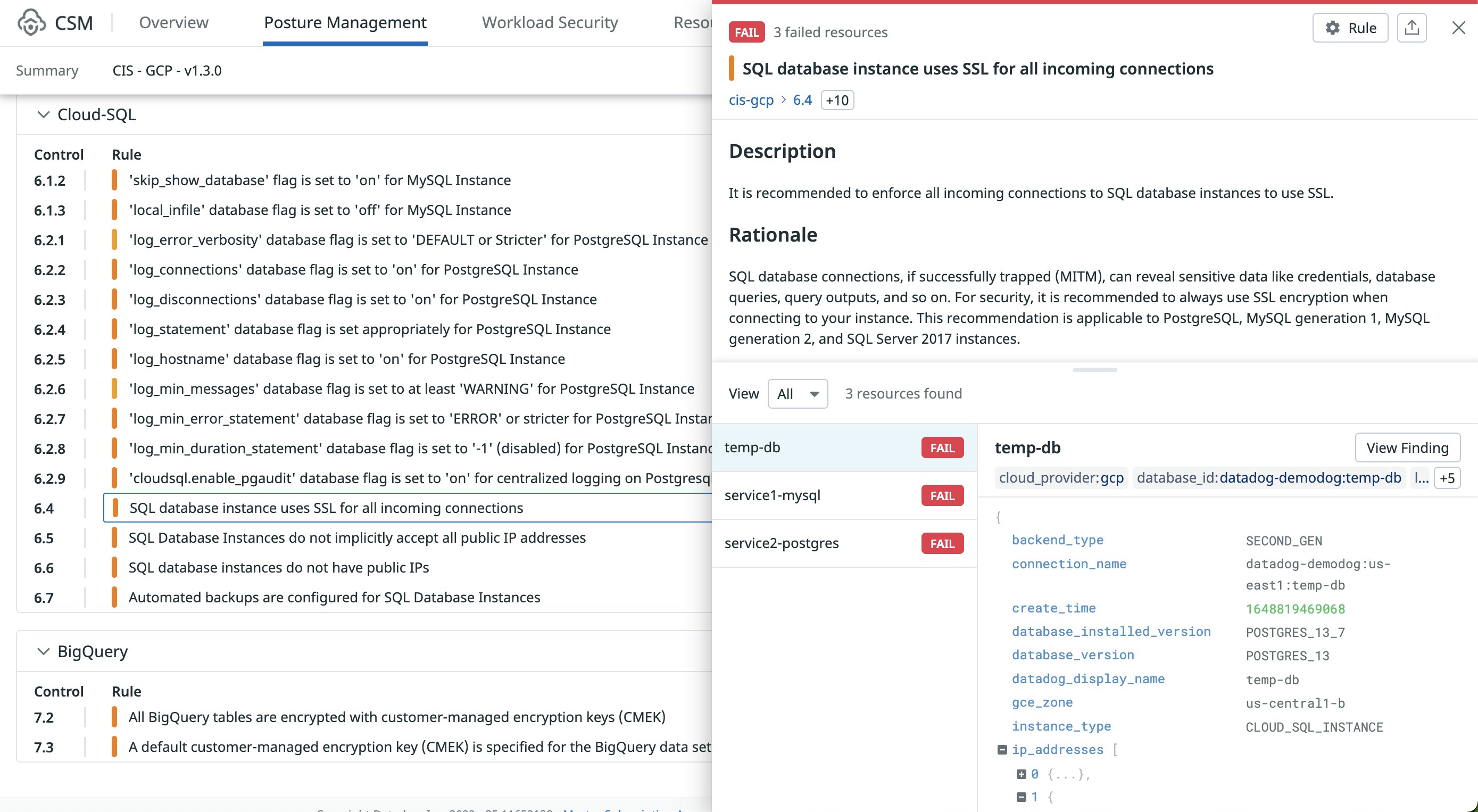 Datadog Cloud Security Misconfigurations for GCP findings explorer Datadog Cloud Security Misconfigurations for GCP findings explorer