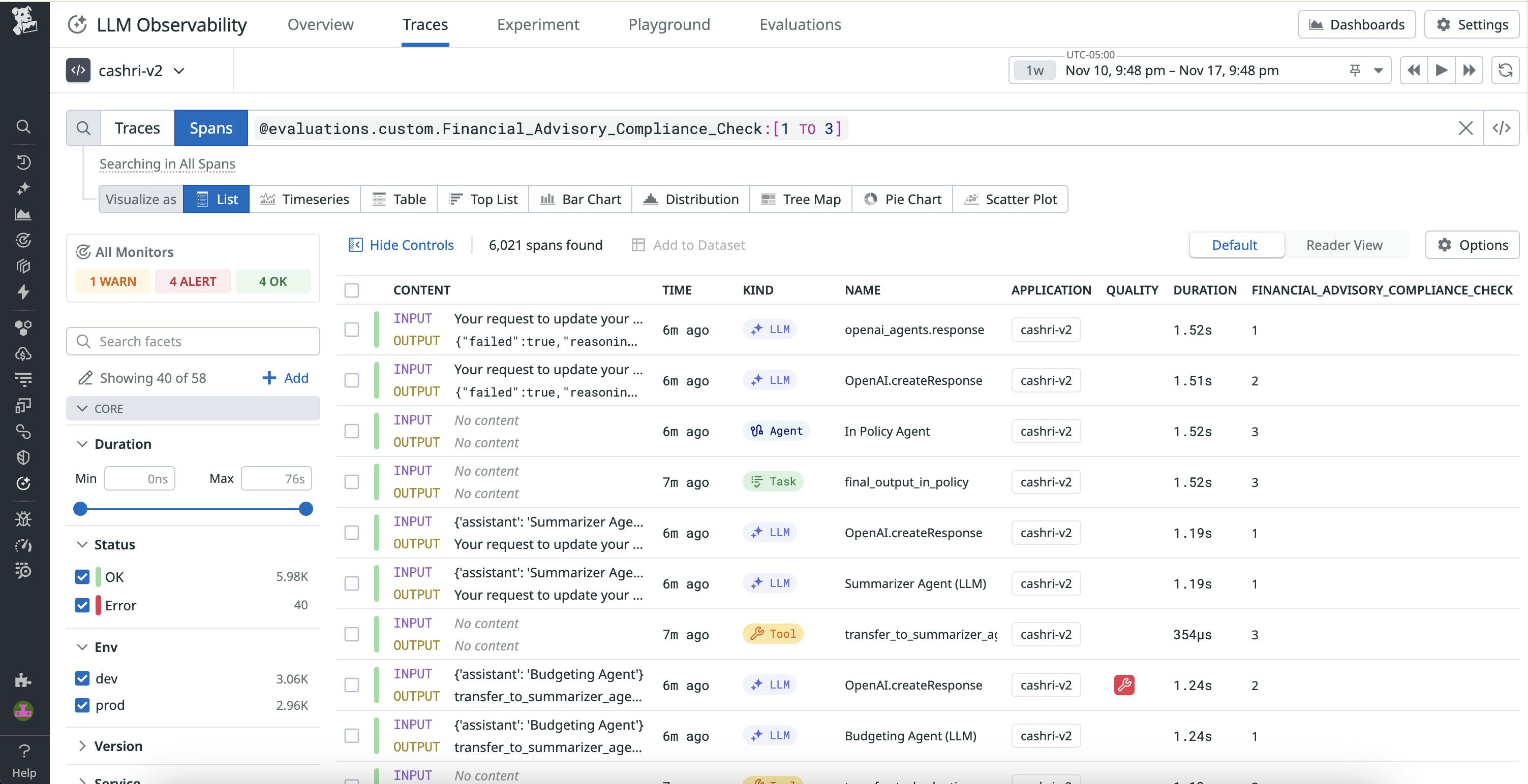 A list of spans in the Traces tab, with time, kind, name, application, and metrics like duration populated for each span.
