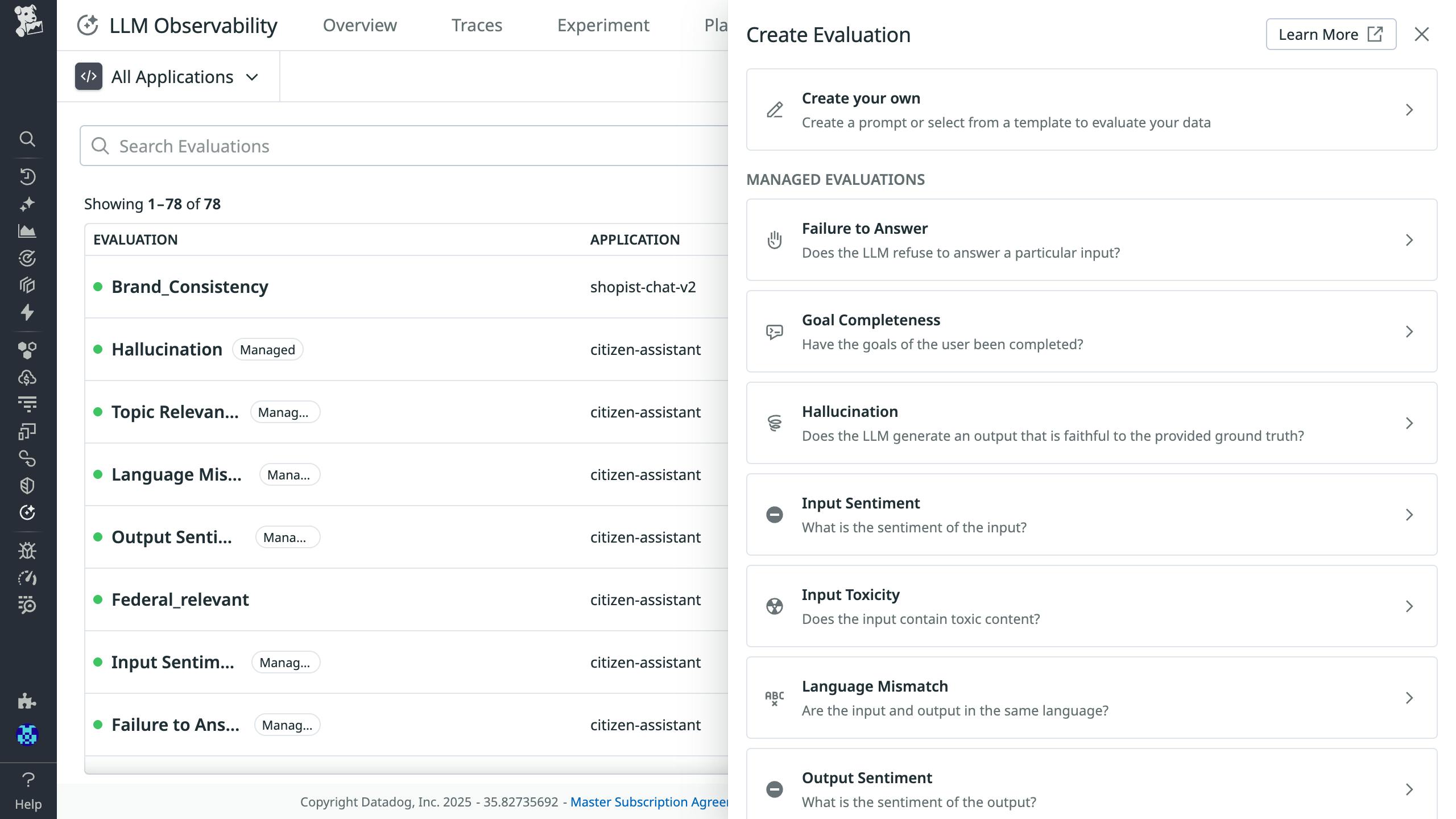 A list of evaluations including brand consistency and hallucination, with a panel titled “Create Evaluation” showing options to create your own.