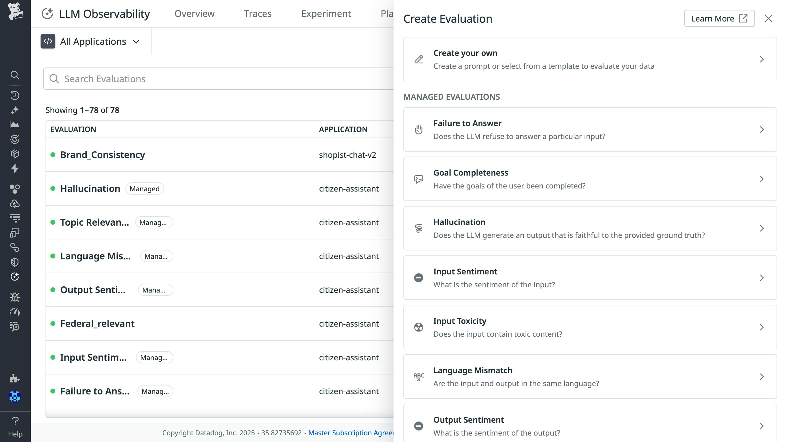 A list of evaluations including brand consistency and hallucination, with a panel titled “Create Evaluation” showing options to create your own. A list of evaluations including brand consistency and hallucination, with a panel titled “Create Evaluation” showing options to create your own.