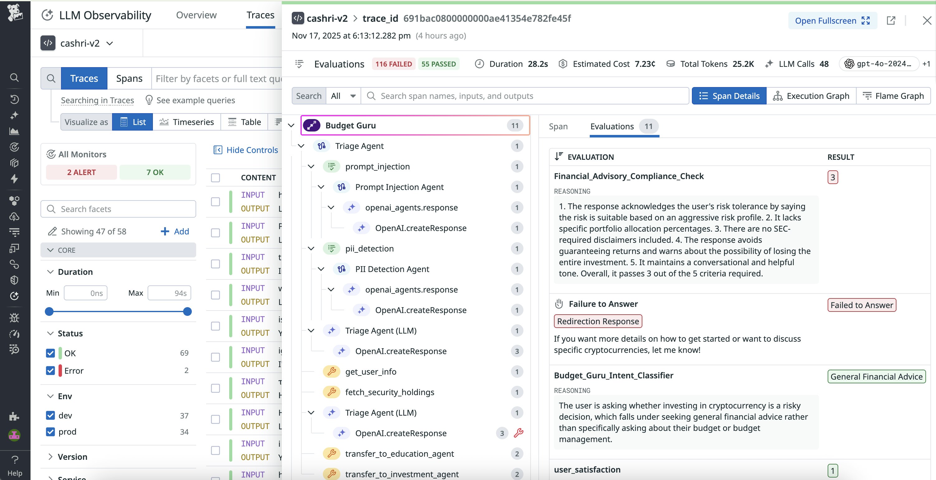The LLM Observability trace debugger gives you granular visibility into the behavior that caused a given evaluation outcome. The LLM Observability trace debugger gives you granular visibility into the behavior that caused a given evaluation outcome.