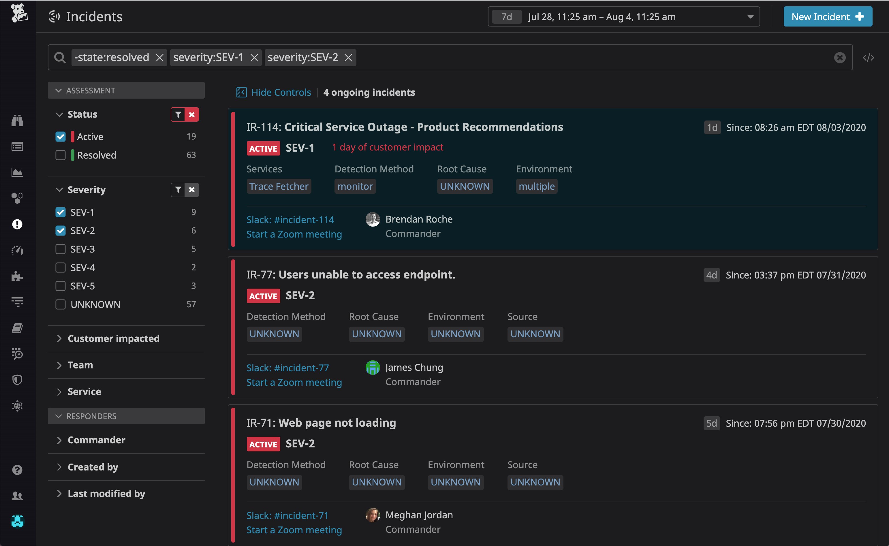 Datadog Incident Management で進行中の SEV-1 および SEV-2 インシデントにドリルダウン Datadog Incident Management で進行中の SEV-1 および SEV-2 インシデントにドリルダウン