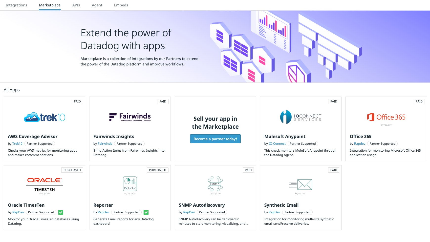 Datadog Partners は、Marketplace を使用してカスタムアプリケーションを構築し、それを自社の顧客、そしてより広範な Datadog コミュニティに提供できます。 Datadog Partners は、Marketplace を使用してカスタムアプリケーションを構築し、それを自社の顧客、そしてより広範な Datadog コミュニティに提供できます。