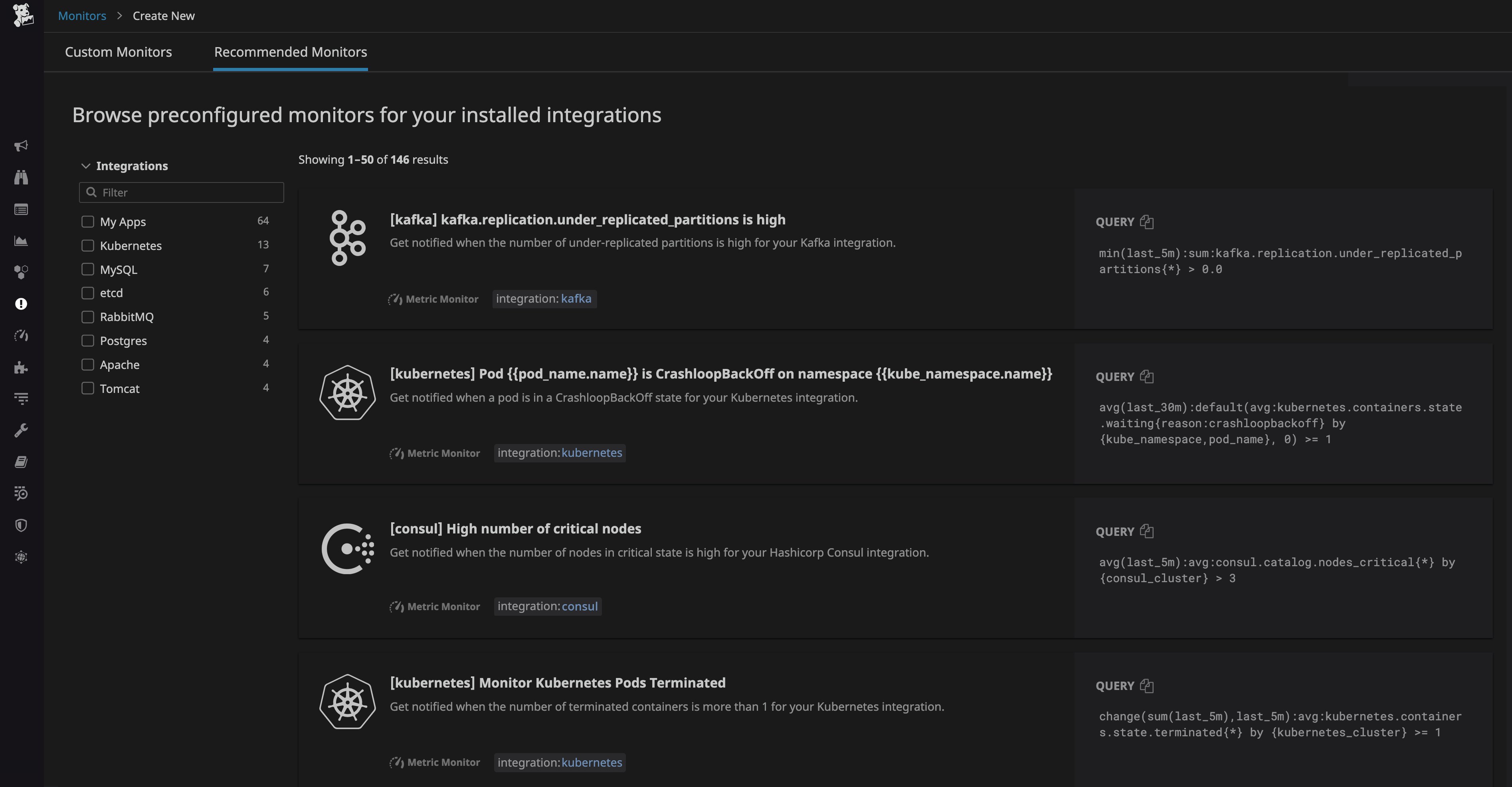 Datadog では、事前構成済みの推奨モニターのリストを表示できるようになりました。これはワンクリックで有効にできます。 Datadog では、事前構成済みの推奨モニターのリストを表示できるようになりました。これはワンクリックで有効にできます。