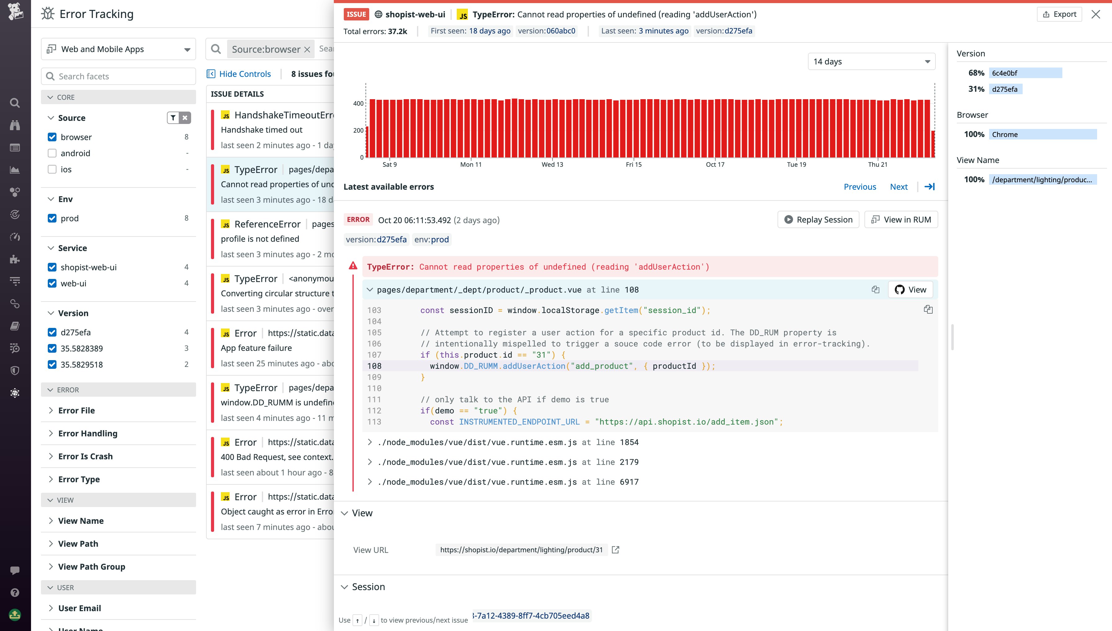 With the GitHub App enabled, you can view code excerpts directly from your repos within Error Tracking, and quickly pivot to the relevant files on GitHub. With the GitHub App enabled, you can view code excerpts directly from your repos within Error Tracking, and quickly pivot to the relevant files on GitHub.