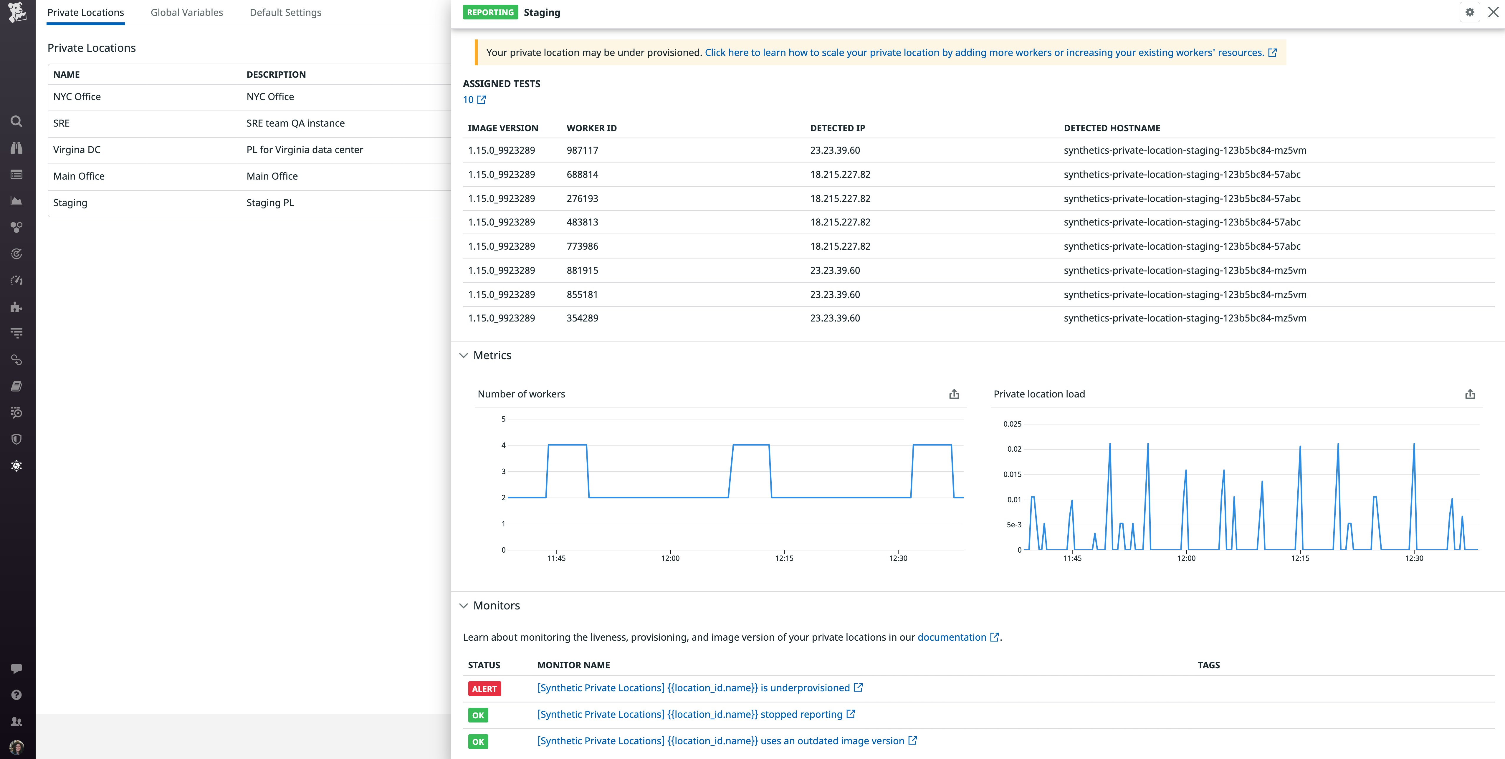 Private Locations view shows a list of tests assigned to a container, plus metrics reporting the container's load and worker count. Private Locations view shows a list of tests assigned to a container, plus metrics reporting the container's load and worker count.