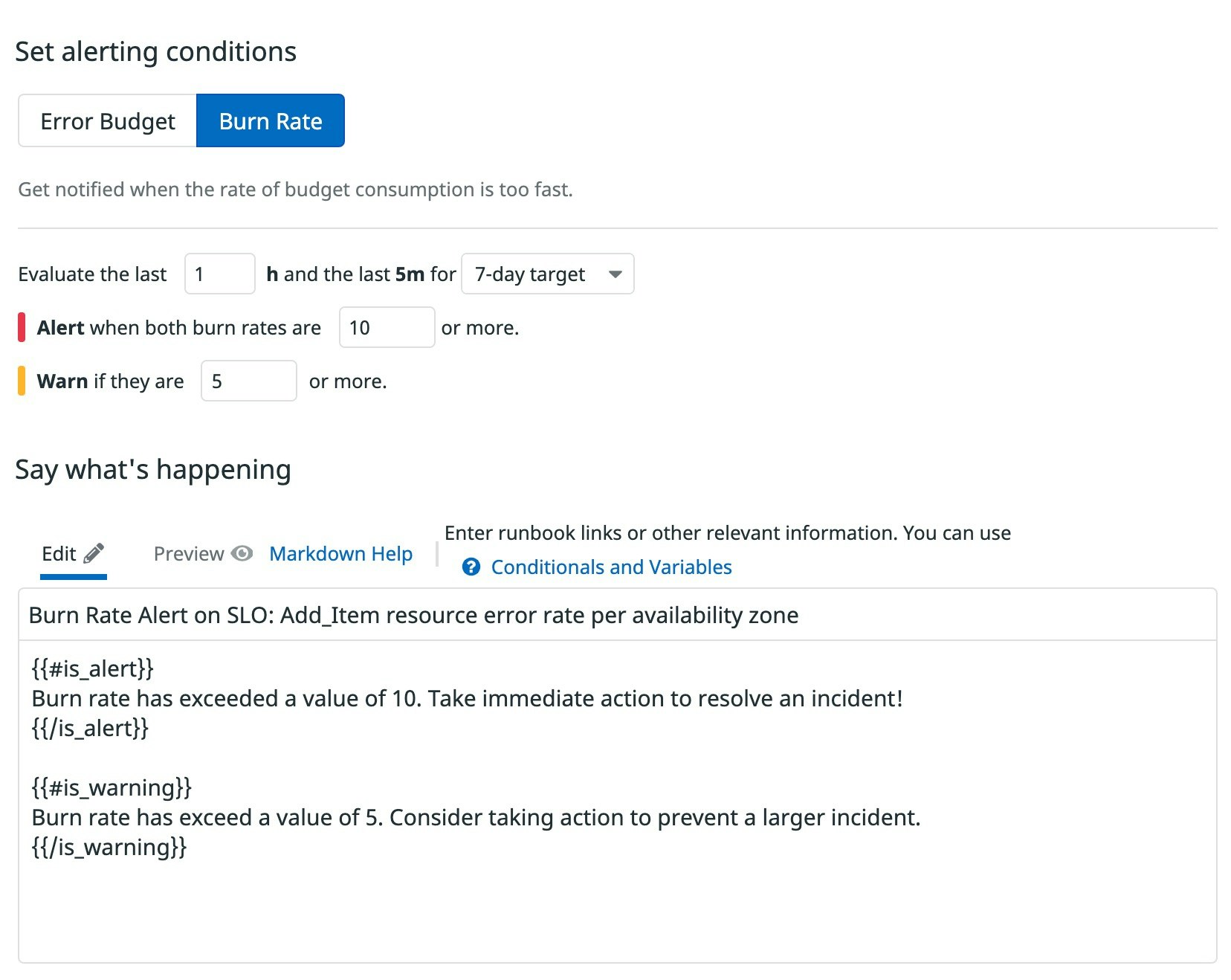A screenshot shows a form to create an SLO burn rate alert, including fields to specify the alerting window, alert threshold, warning threshold, and notification message. A screenshot shows a form to create an SLO burn rate alert, including fields to specify the alerting window, alert threshold, warning threshold, and notification message.