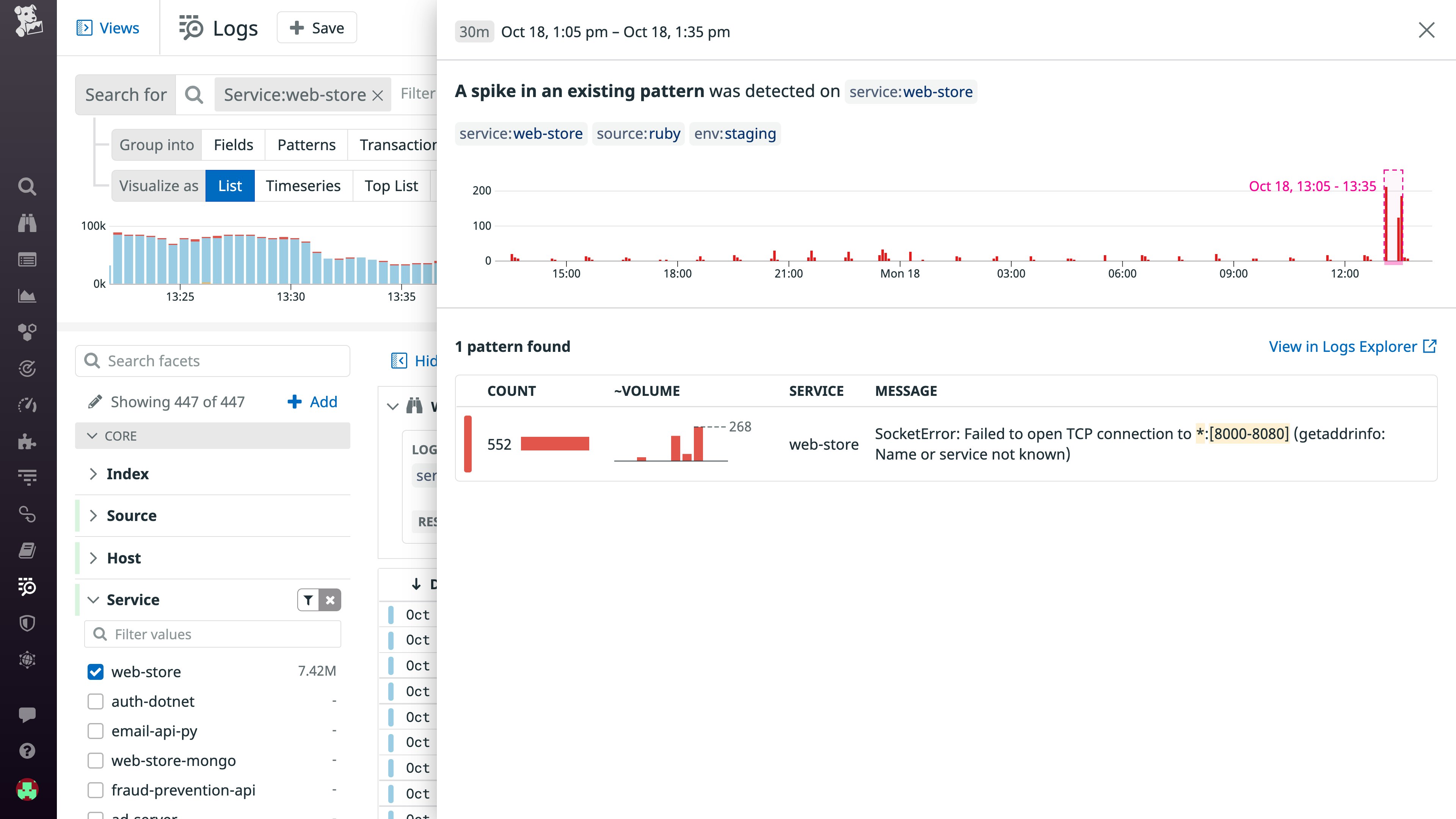 The Log Pattern Anomalies feature highlights new log patterns or noteworthy spikes in existing patterns that are likely to explain the root cause of an issue. The Log Pattern Anomalies feature highlights new log patterns or noteworthy spikes in existing patterns that are likely to explain the root cause of an issue.