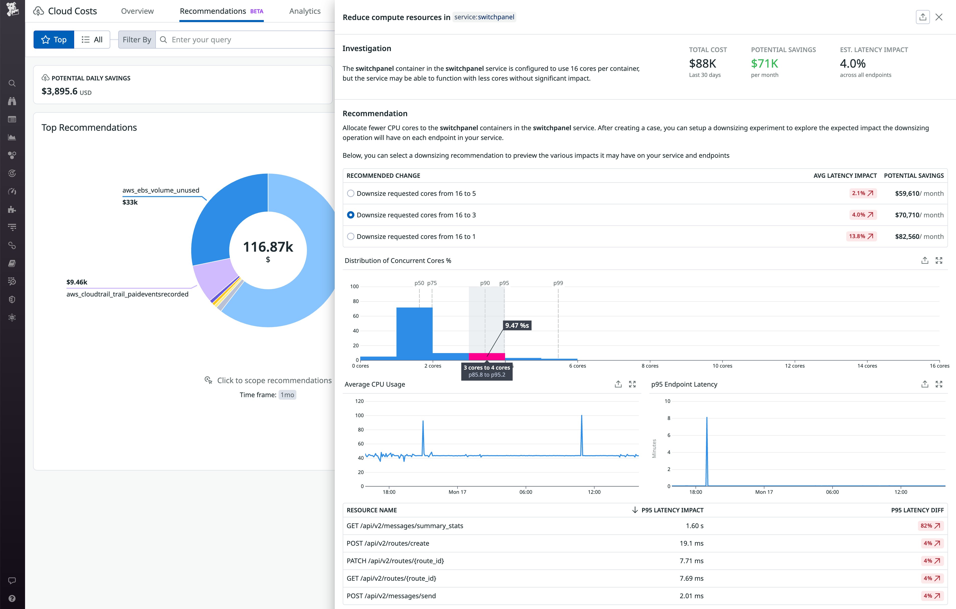 Cloud Cost Recommendations では、潜在的な節約の内訳と、コンテナのコンピュートリソースの削減がサービスのエンドポイントのレイテンシーにどのような影響を与えるかの予測を示します。 Cloud Cost Recommendations では、潜在的な節約の内訳と、コンテナのコンピュートリソースの削減がサービスのエンドポイントのレイテンシーにどのような影響を与えるかの予測を示します。