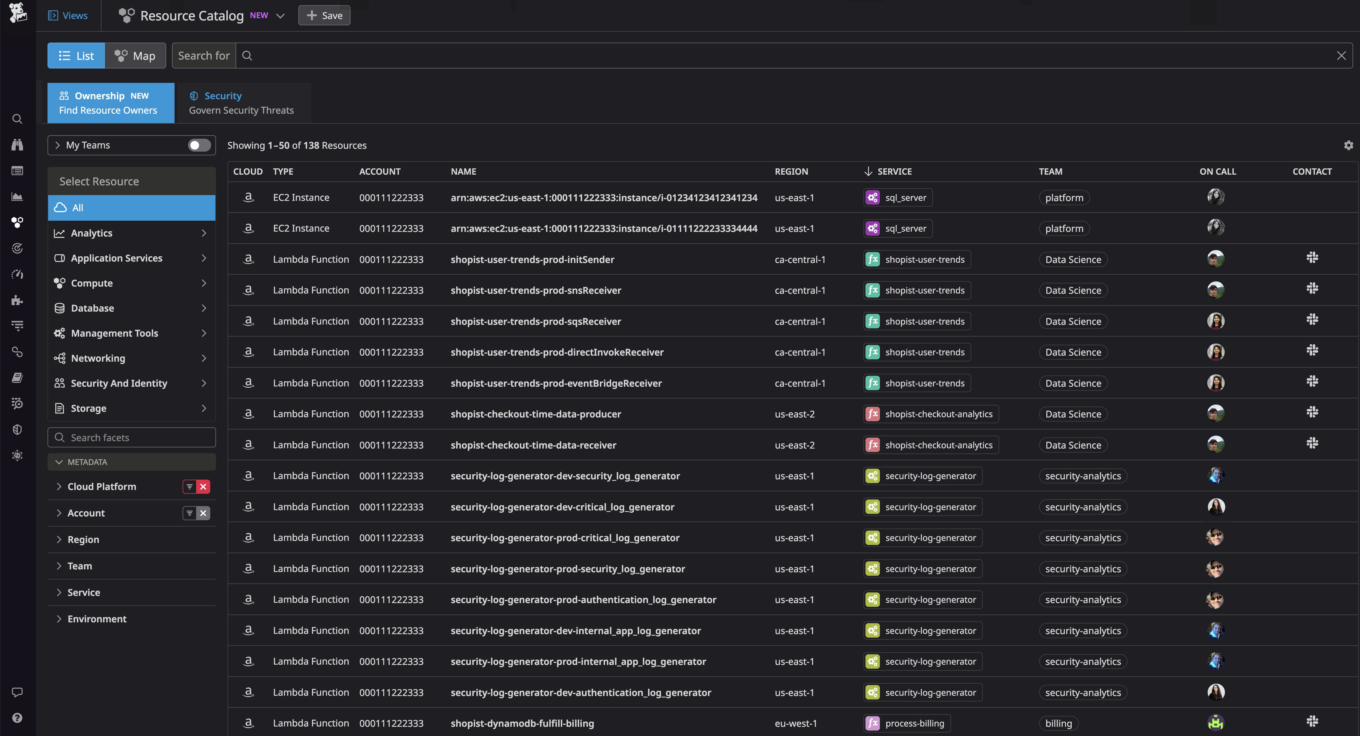 Resource Catalog の Ownership タブには、Amazon EC2 インスタンスと AWS Lambda 関数のエントリが表示され、これにはリソースがサポートするサービス、リソースを所有するチーム、サポートするオンコール担当者などが含まれます。 Resource Catalog の Ownership タブには、Amazon EC2 インスタンスと AWS Lambda 関数のエントリが表示され、これにはリソースがサポートするサービス、リソースを所有するチーム、サポートするオンコール担当者などが含まれます。