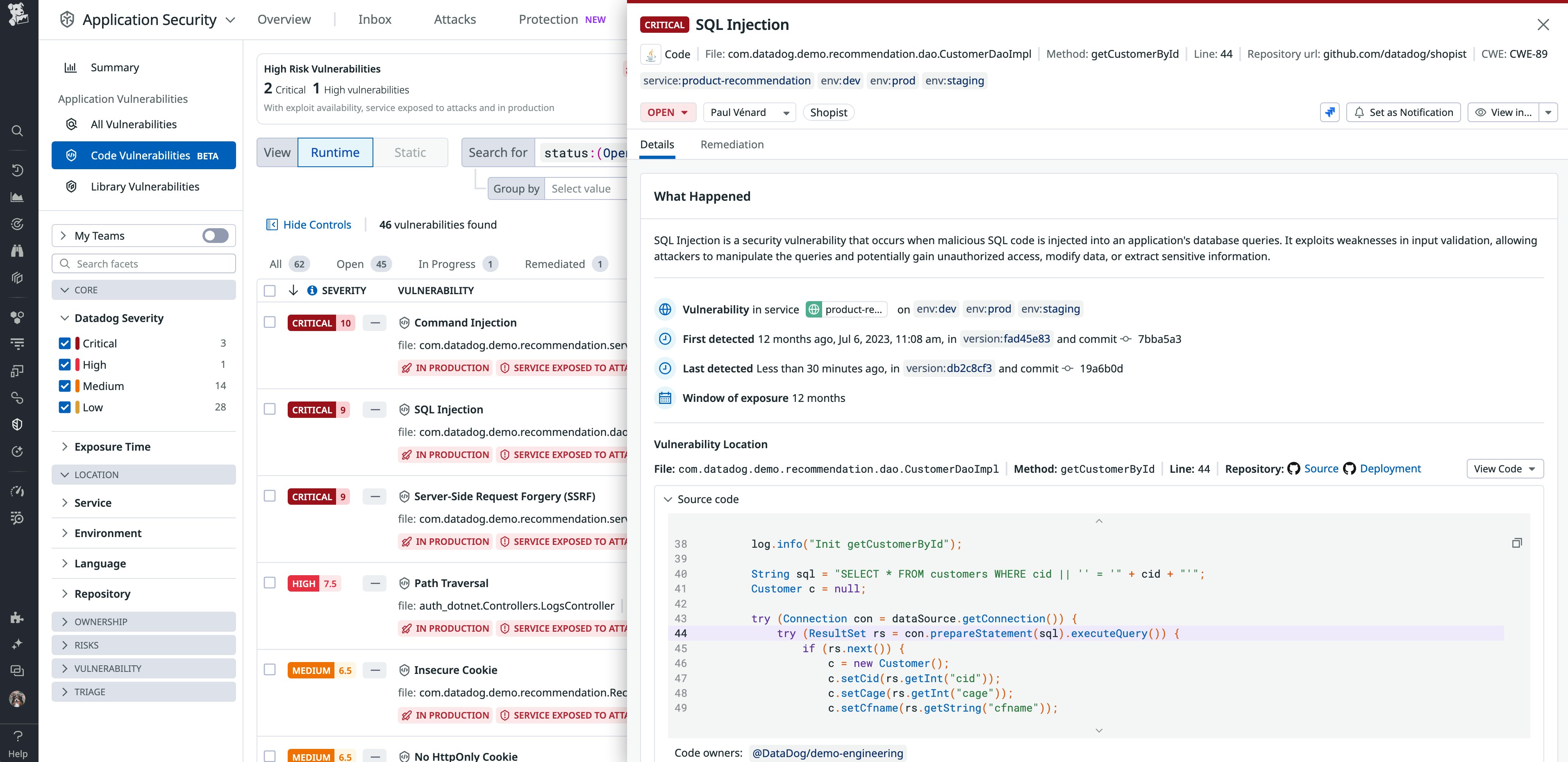 Datadog Code Security automatically detects code-level vulnerabilities in production Datadog Code Security automatically detects code-level vulnerabilities in production