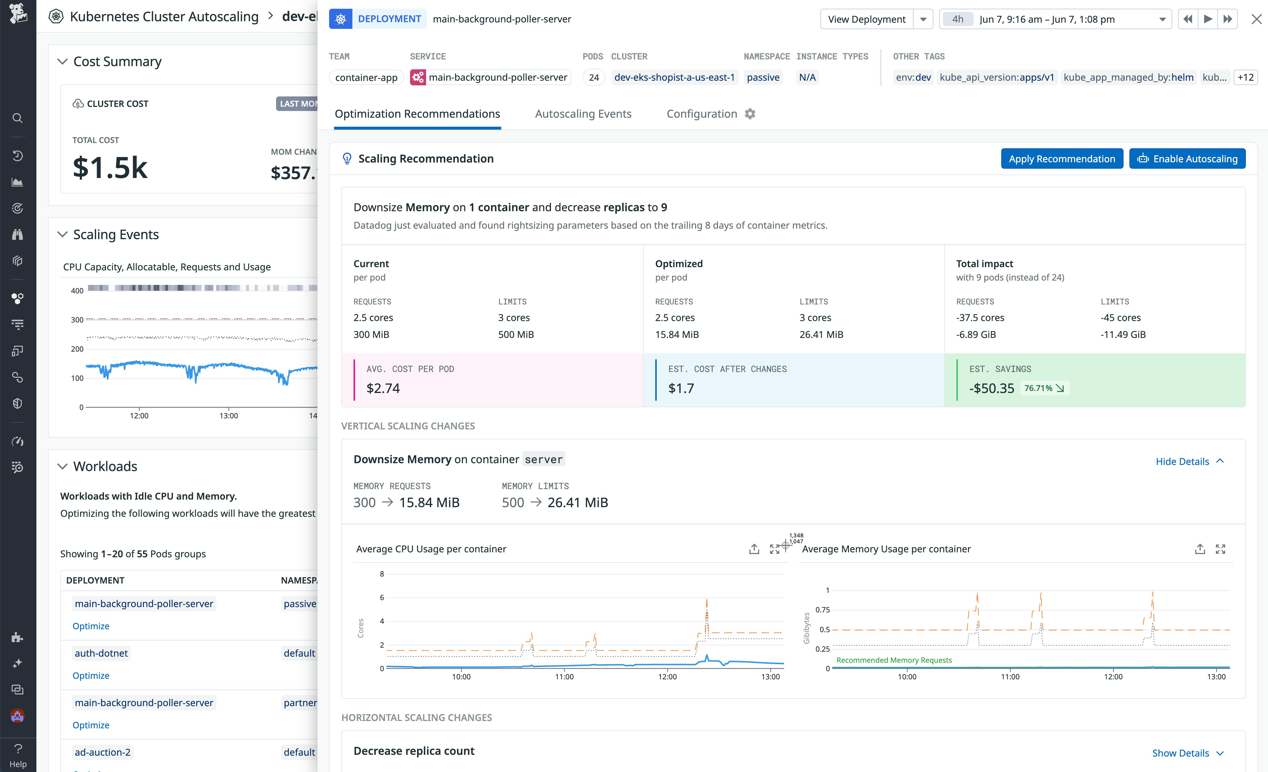 Optimization recommendations for a Kubernetes cluster displayed alongside cost and memory metrics. Optimization recommendations for a Kubernetes cluster displayed alongside cost and memory metrics.