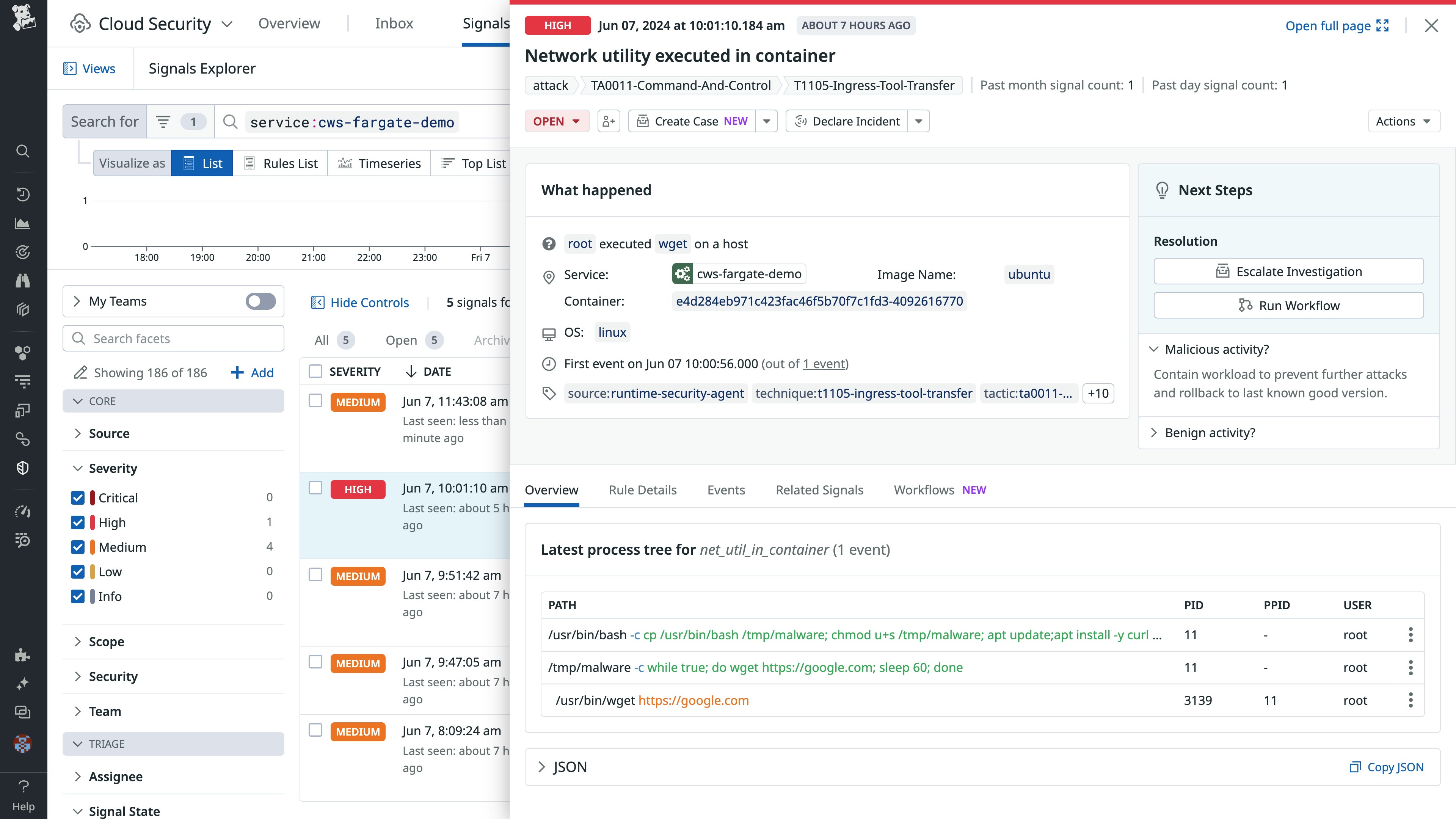 Datadog Cloud Security Management detects a security threat in an AWS Fargate container. Datadog Cloud Security Management detects a security threat in an AWS Fargate container.