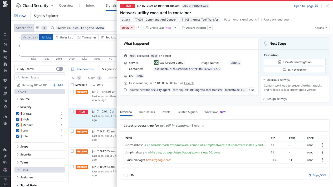Datadog Cloud Security Management detects a security threat in an AWS Fargate container. Datadog Cloud Security Management detects a security threat in an AWS Fargate container.