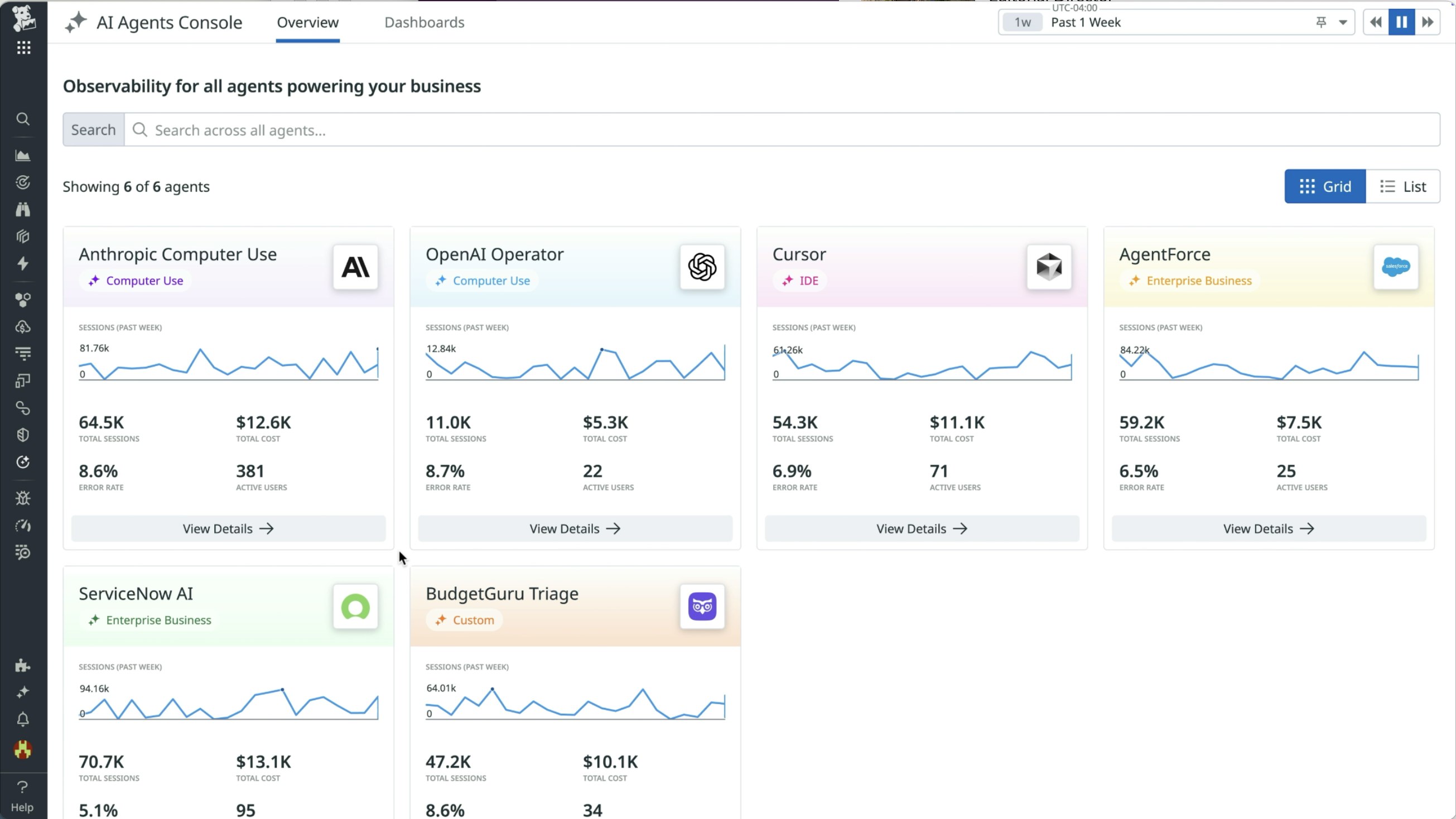 AI Agents Console showing performance data across several different AI agents. AI Agents Console showing performance data across several different AI agents.