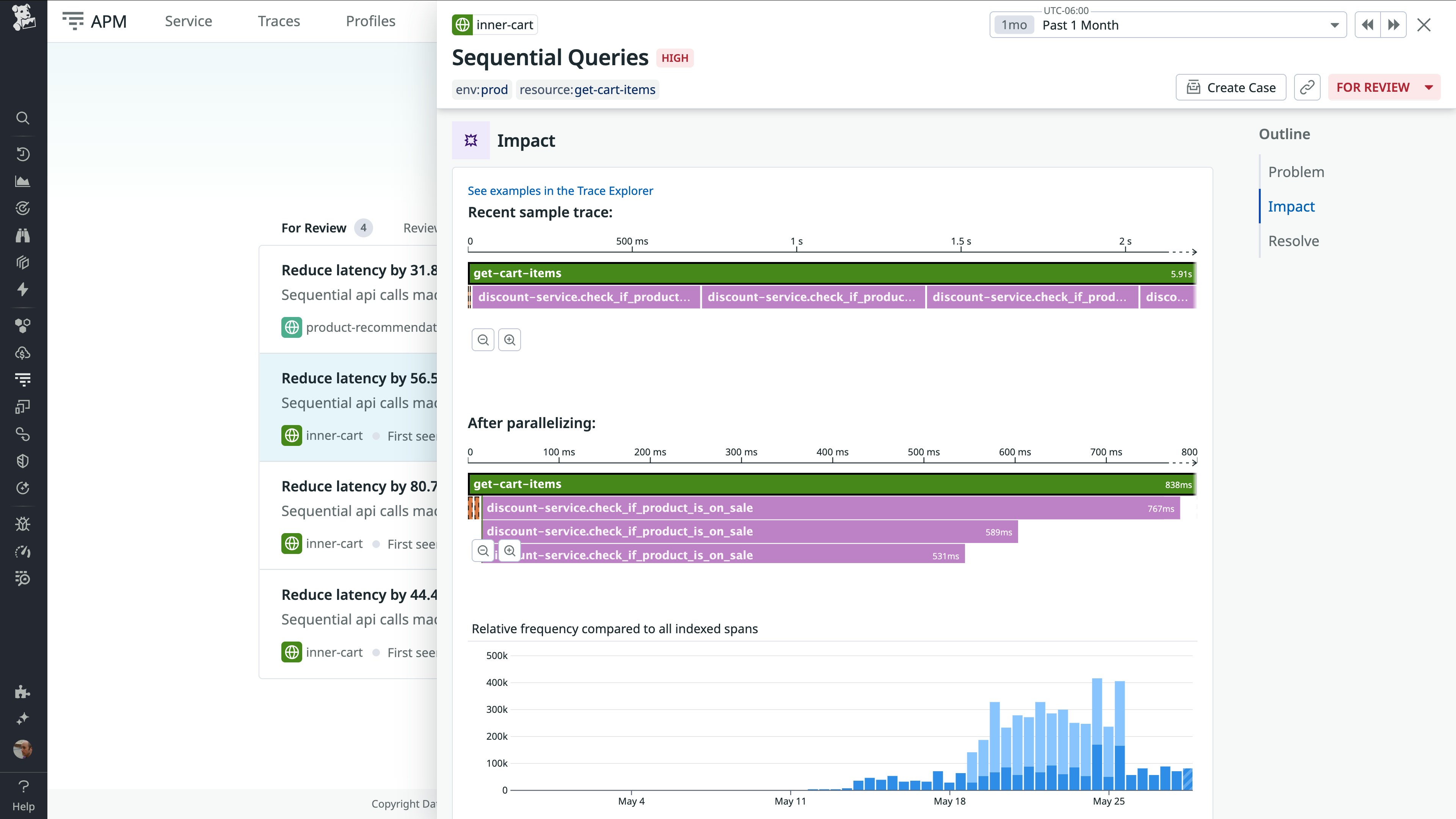 Proactive App Recommendations interface showing a performance issue caused by sequential API calls, with visualizations of trace data, latency impact, and a proposed code fix. Proactive App Recommendations interface showing a performance issue caused by sequential API calls, with visualizations of trace data, latency impact, and a proposed code fix.
