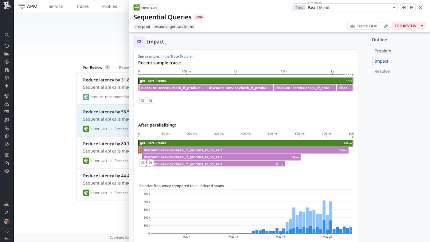Proactive App Recommendations interface showing a performance issue caused by sequential API calls, with visualizations of trace data, latency impact, and a proposed code fix. Proactive App Recommendations interface showing a performance issue caused by sequential API calls, with visualizations of trace data, latency impact, and a proposed code fix.
