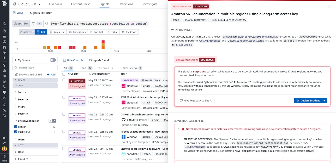 Cloud SIEM interface showing Bits AI Security Analyst marking Amazon SNS enumeration as suspicious. Cloud SIEM interface showing Bits AI Security Analyst marking Amazon SNS enumeration as suspicious.
