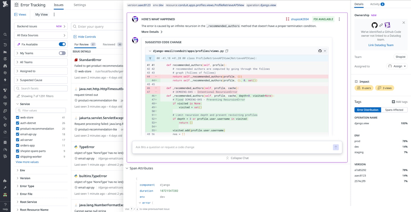 An Error Tracking view showing a Bits AI Dev Agent identifying an issue and suggesting a code change. An Error Tracking view showing a Bits AI Dev Agent identifying an issue and suggesting a code change.