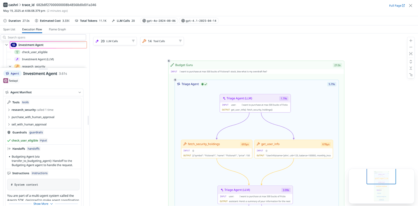 Datadog showing execution flow chart across AI agents Datadog showing execution flow chart across AI agents