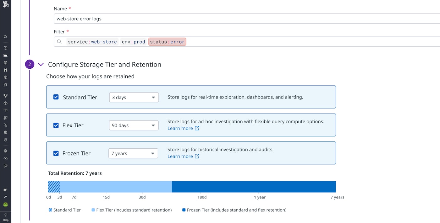 Configuring storage tiers in Datadog Log Management. Configuring storage tiers in Datadog Log Management.
