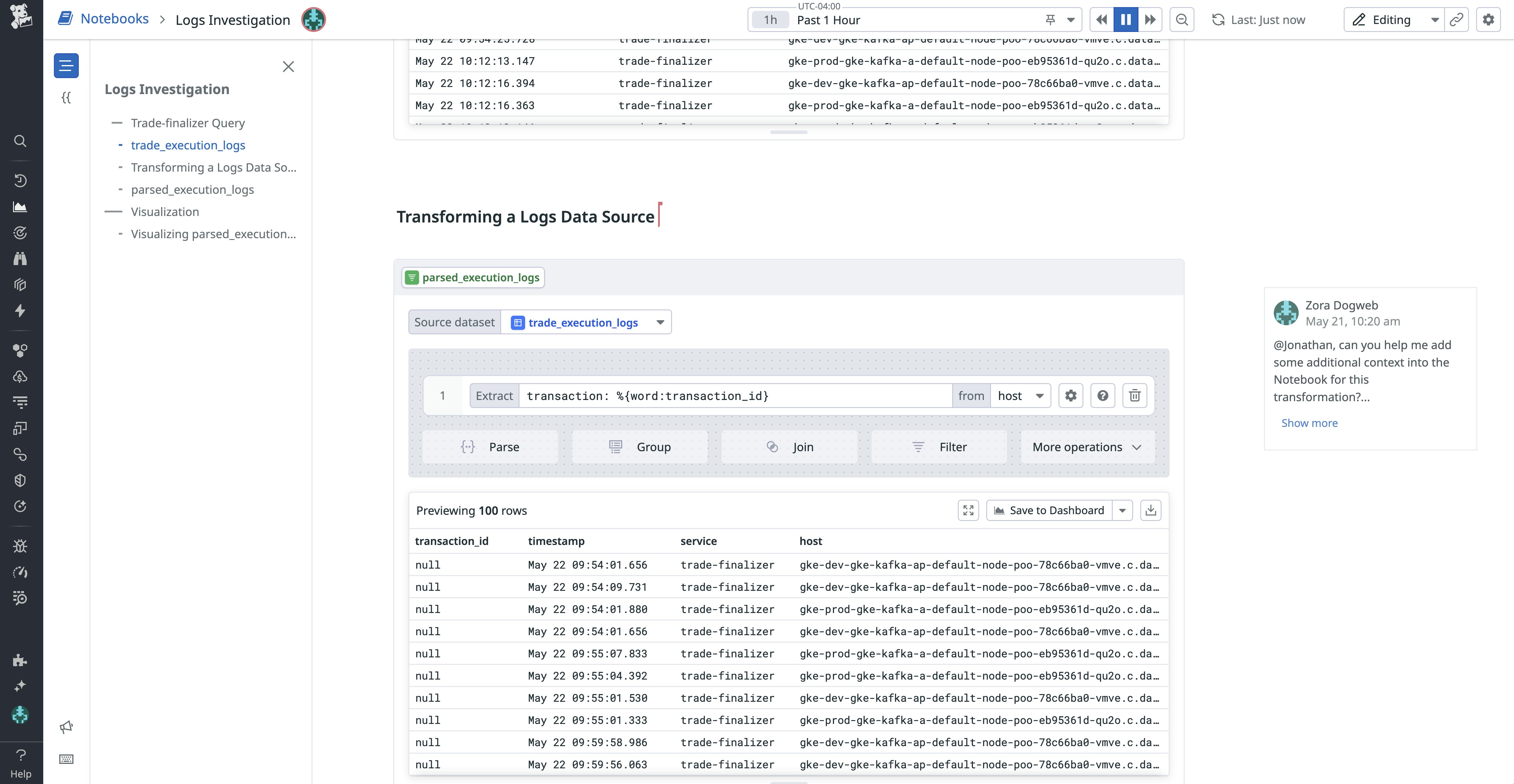 Datadog Notebooks displaying a log parsing workflow with extracted transaction ID and log preview. Datadog Notebooks displaying a log parsing workflow with extracted transaction ID and log preview.