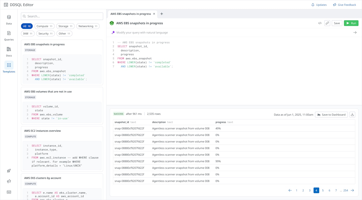 Datadog SQL Editor showing an AWS EBS snapshots query with filters on snapshot state and table of results. Datadog SQL Editor showing an AWS EBS snapshots query with filters on snapshot state and table of results.