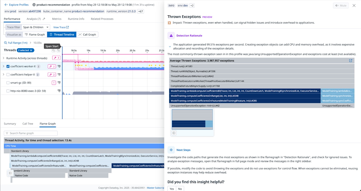 Datadog automatically analyzing profiling data and providing recommendations. Datadog automatically analyzing profiling data and providing recommendations.