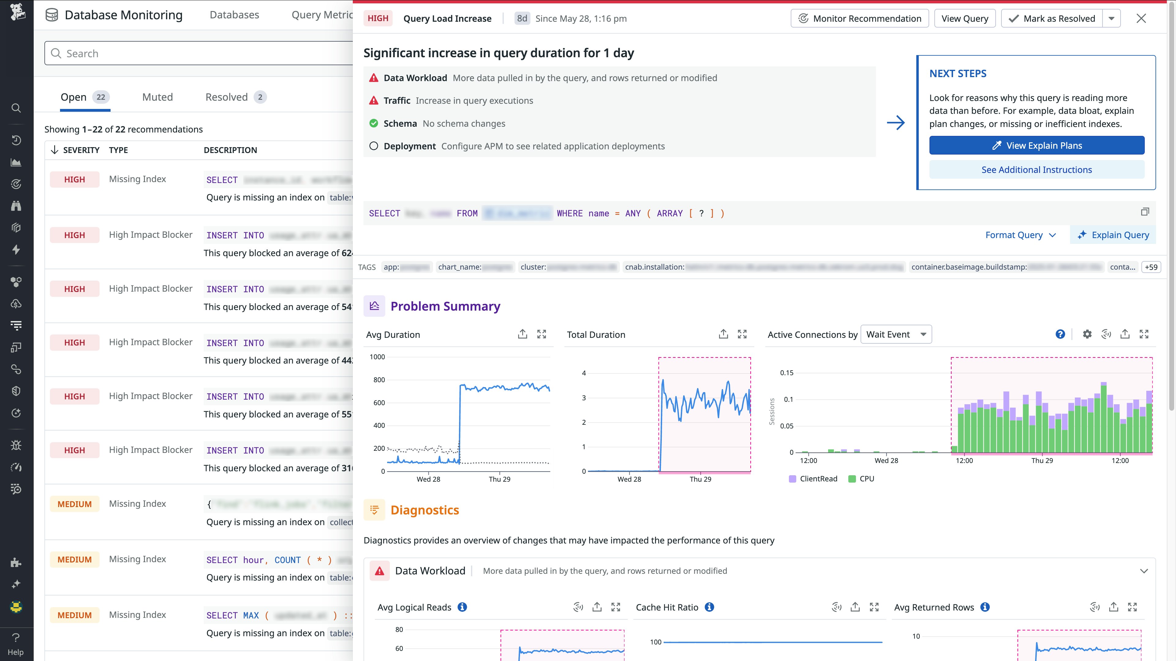 A query regression in Datadog Database Monitoring. A query regression in Datadog Database Monitoring.