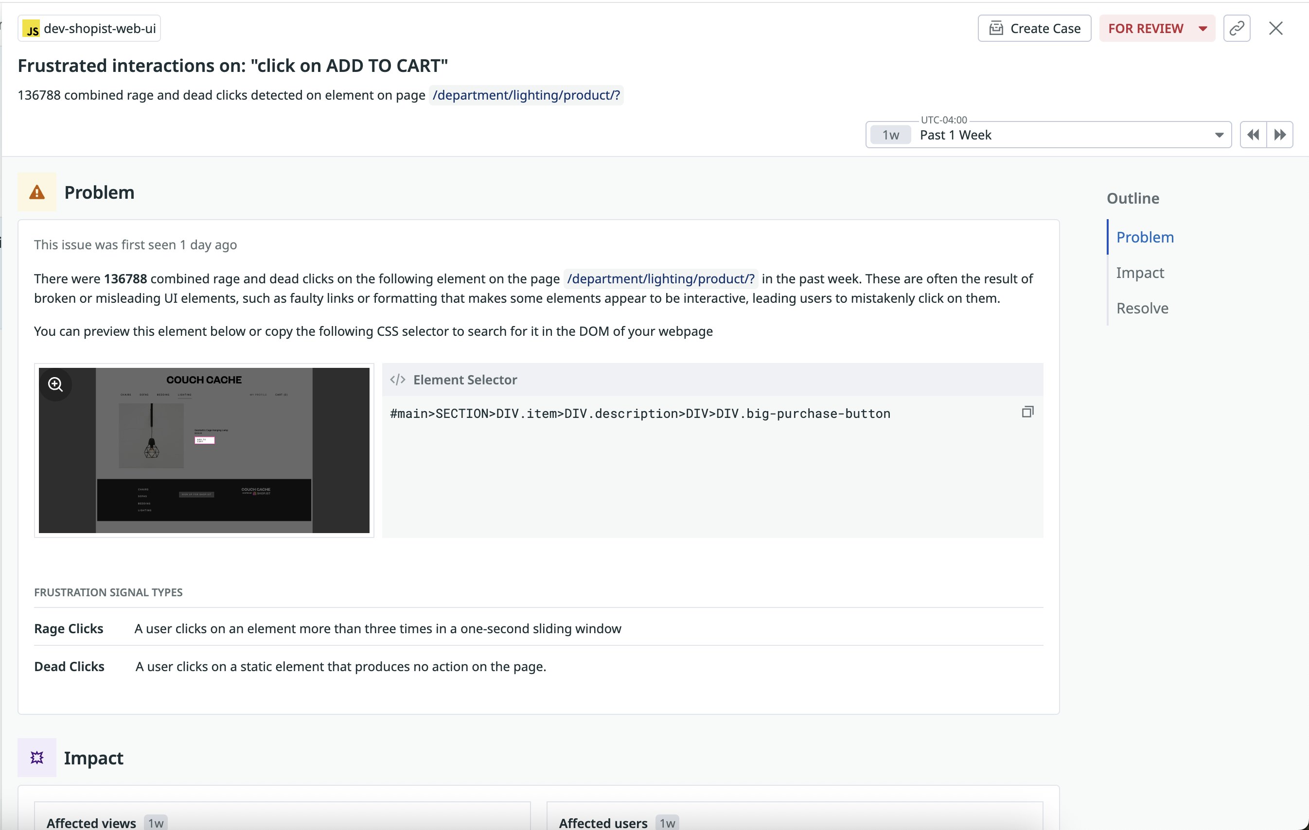 A RUM alert showing frustrated user clicks on an Add to Cart button A RUM alert showing frustrated user clicks on an Add to Cart button