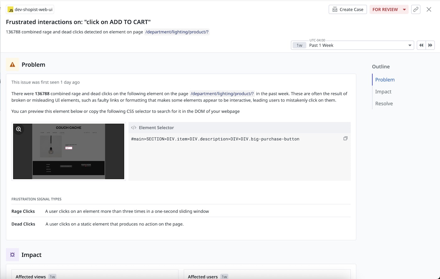 A RUM alert showing frustrated user clicks on an Add to Cart button A RUM alert showing frustrated user clicks on an Add to Cart button