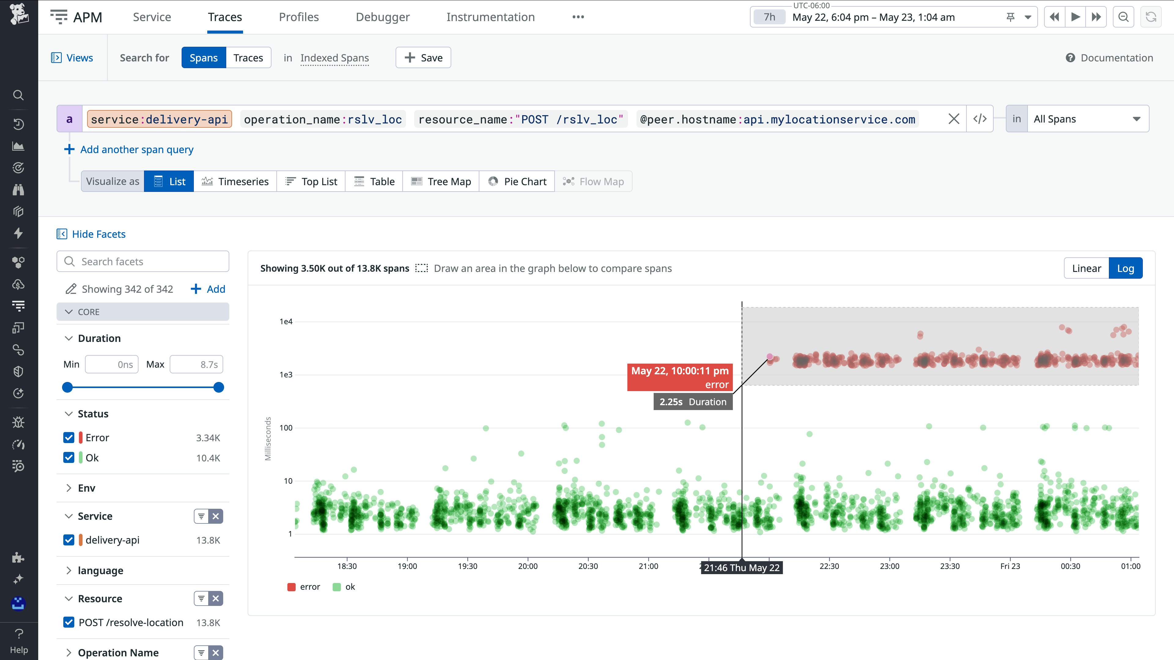 Datadog APM Tag Analysis view showing a scatter plot of span durations and a ranked list of correlated tags, highlighting differences between high-latency spans and baseline spans. Datadog APM Tag Analysis view showing a scatter plot of span durations and a ranked list of correlated tags, highlighting differences between high-latency spans and baseline spans.