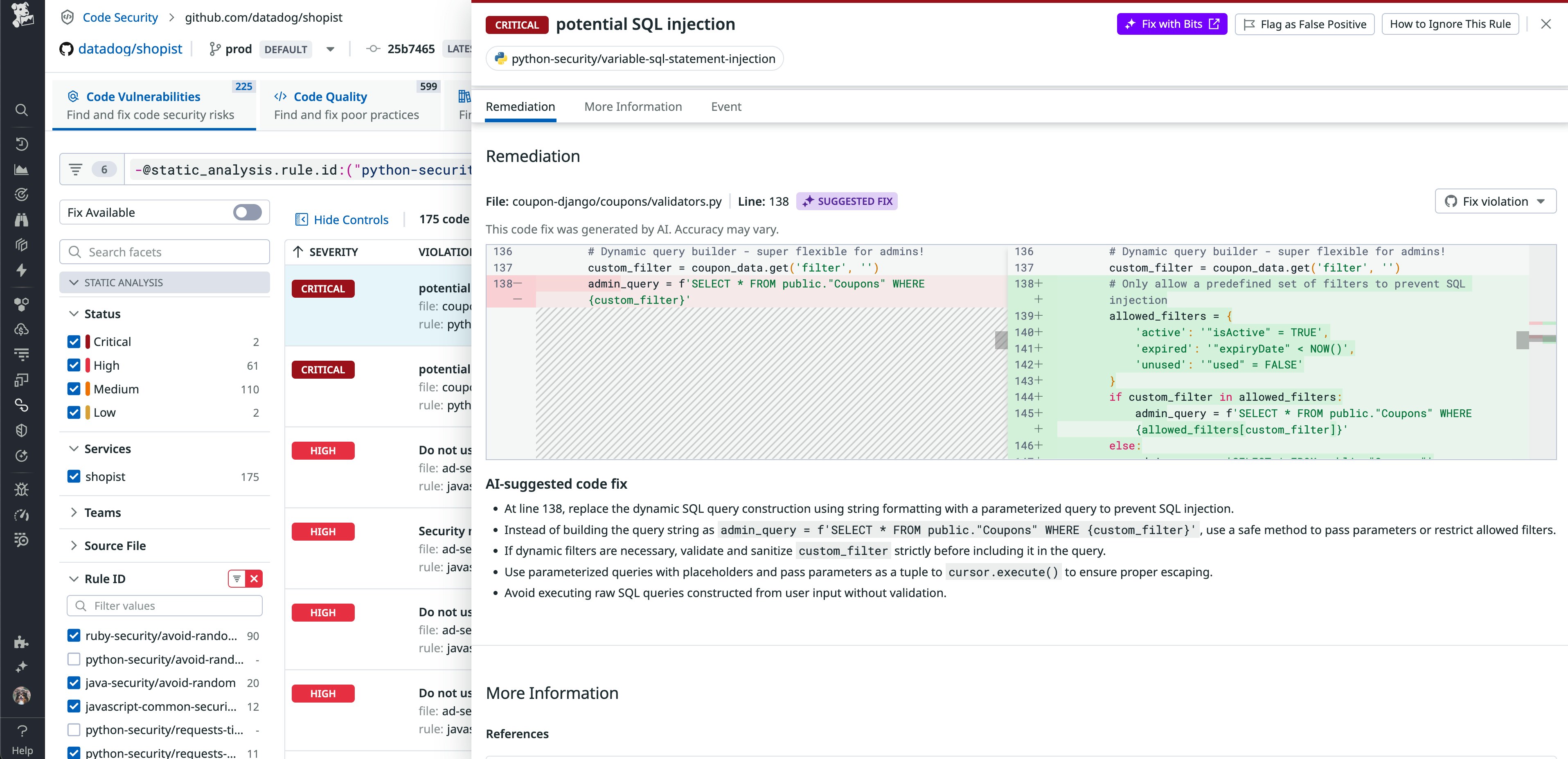 Dashboard view of Datadog Code Security showing open library vulnerabilities grouped by service and filtered by risk. Dashboard view of Datadog Code Security showing open library vulnerabilities grouped by service and filtered by risk.