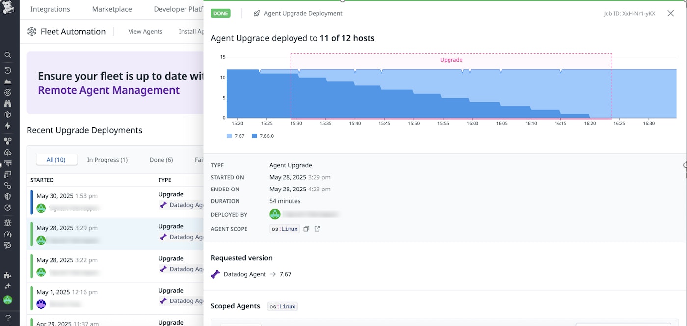 Fleet Automation shows the Datadog Agent deployed to 11 of 12 hosts. Fleet Automation shows the Datadog Agent deployed to 11 of 12 hosts.