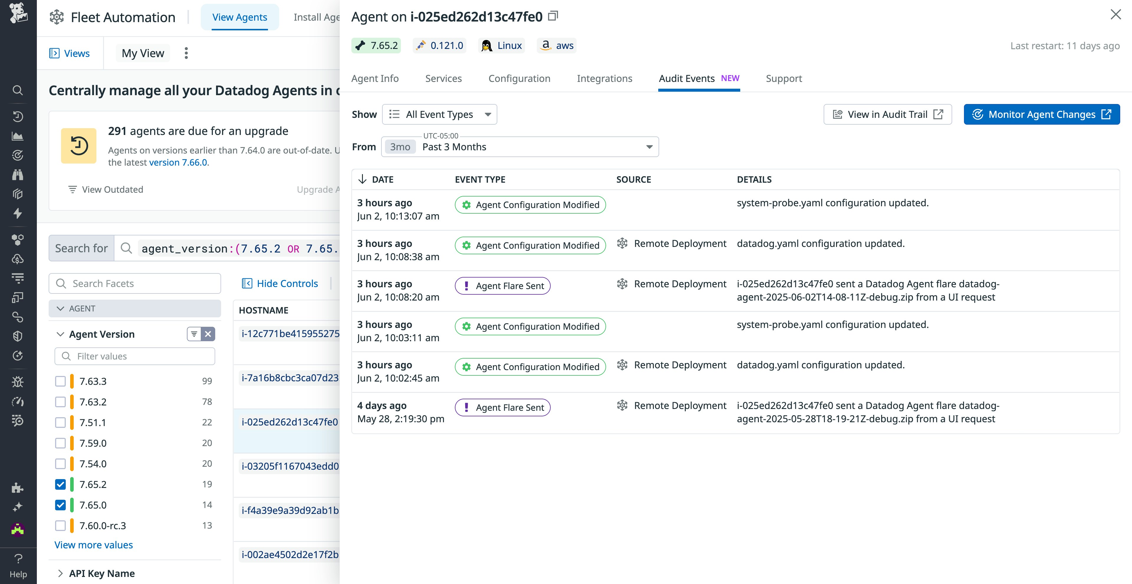 View Audit Trail events from your Datadog Agent instances in Fleet Automation View Audit Trail events from your Datadog Agent instances in Fleet Automation