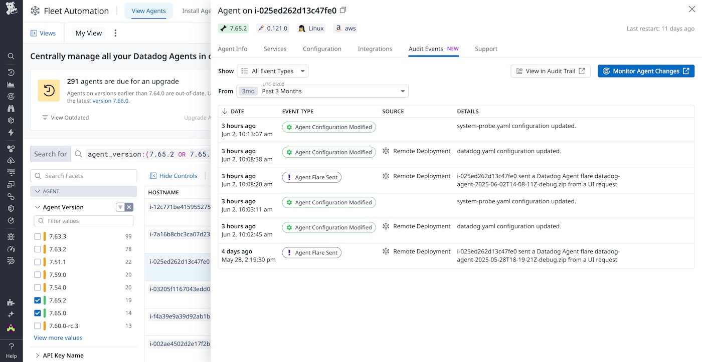 View Audit Trail events from your Datadog Agent instances in Fleet Automation View Audit Trail events from your Datadog Agent instances in Fleet Automation