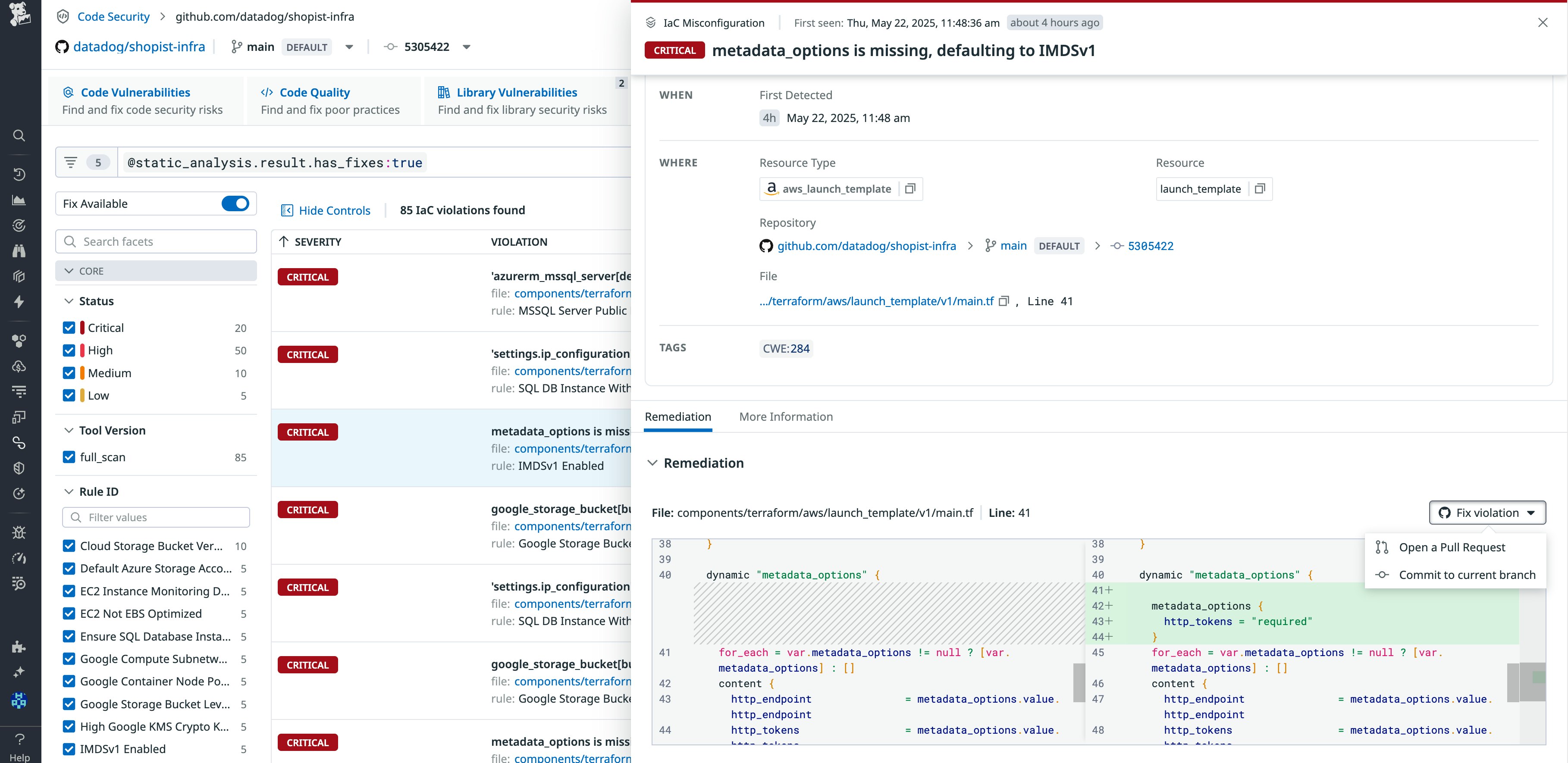 IaC vulnerability finding with code-level fix identified in Datadog IaC Security IaC vulnerability finding with code-level fix identified in Datadog IaC Security