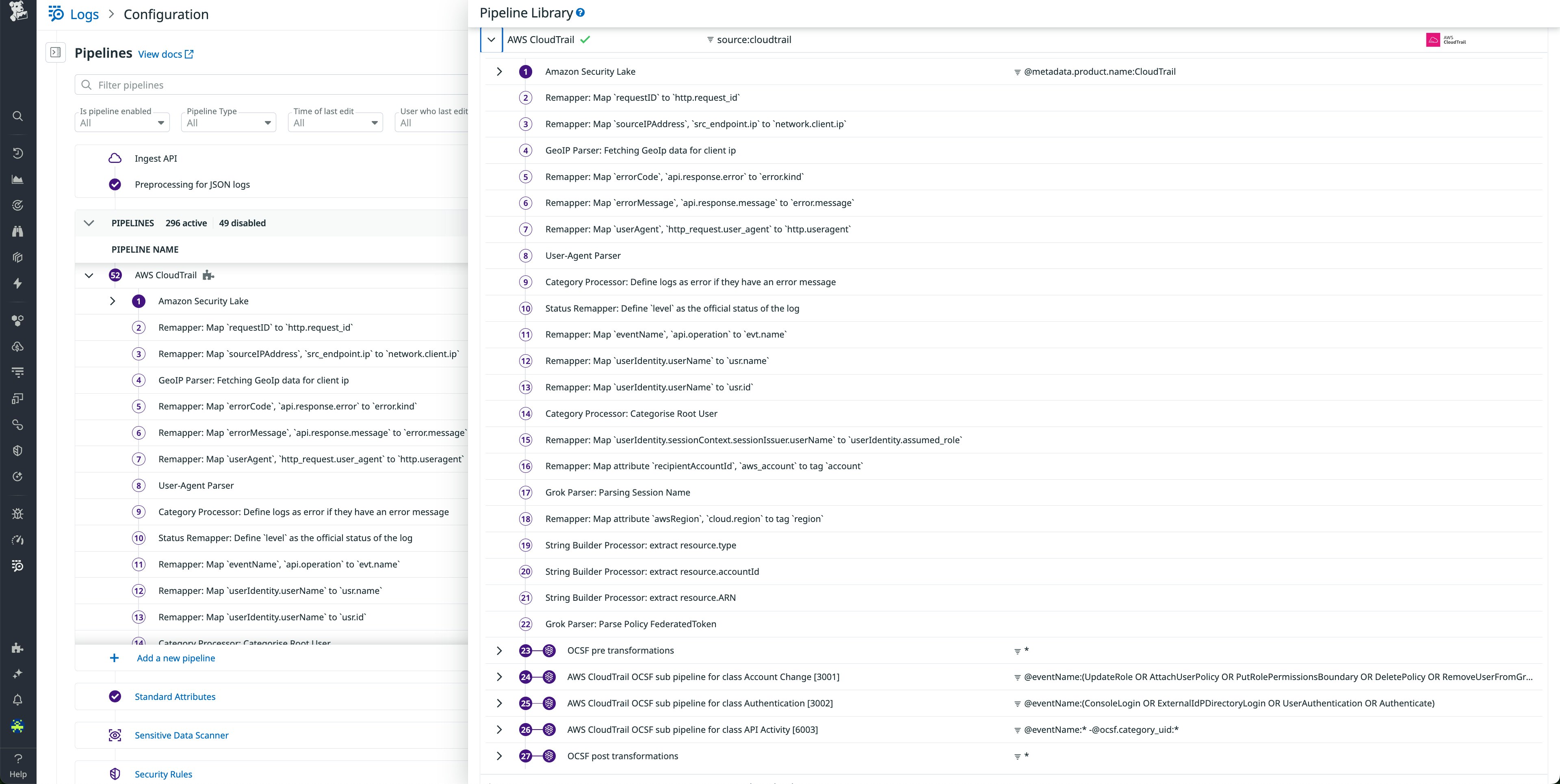Datadog log pipeline configuration for AWS CloudTrail with Amazon Security Lake and OCSF parsing and enrichment steps. Datadog log pipeline configuration for AWS CloudTrail with Amazon Security Lake and OCSF parsing and enrichment steps.